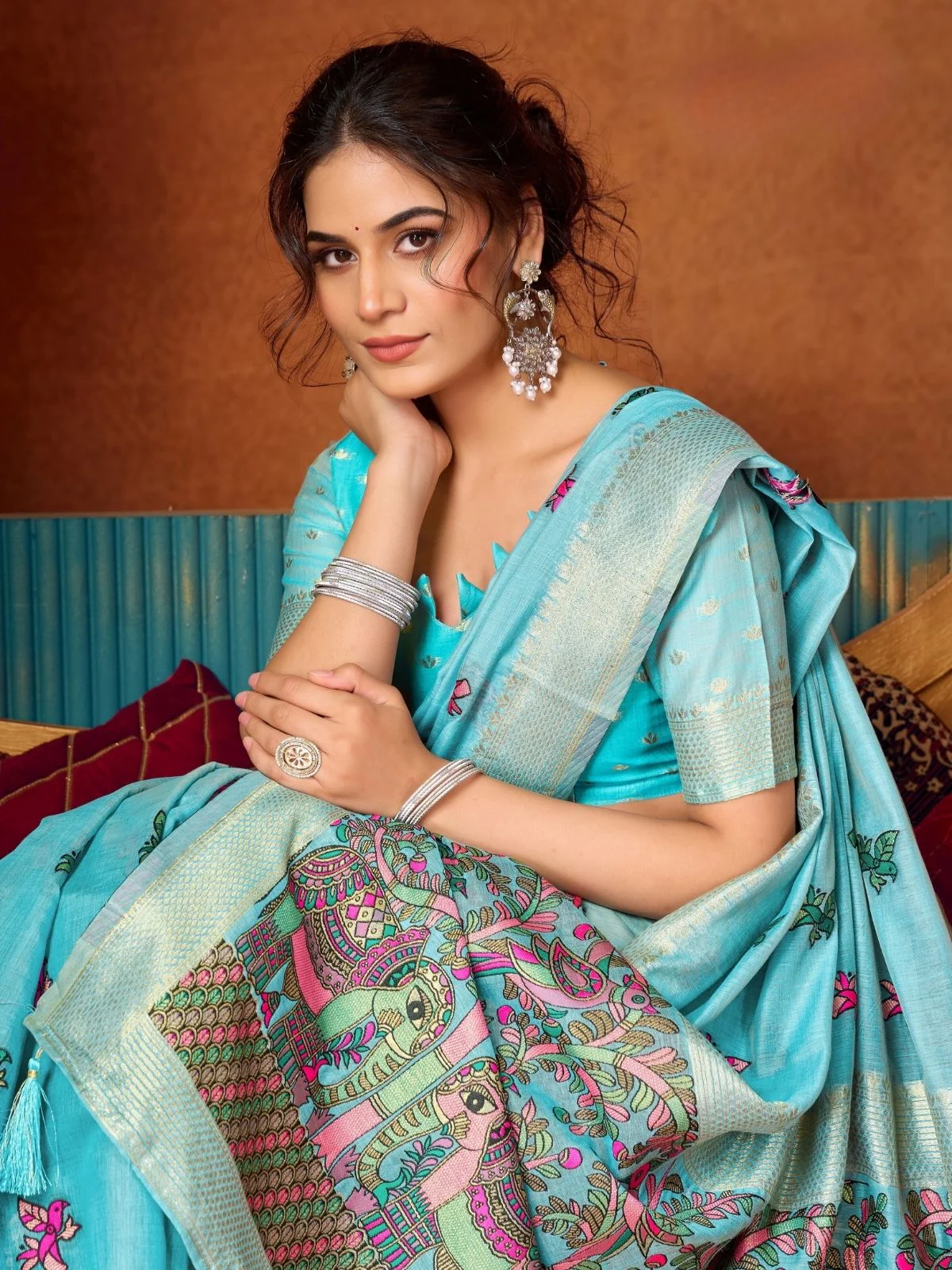 Odette Light Blue Silk Blend Printed Saree For Women - Image 5