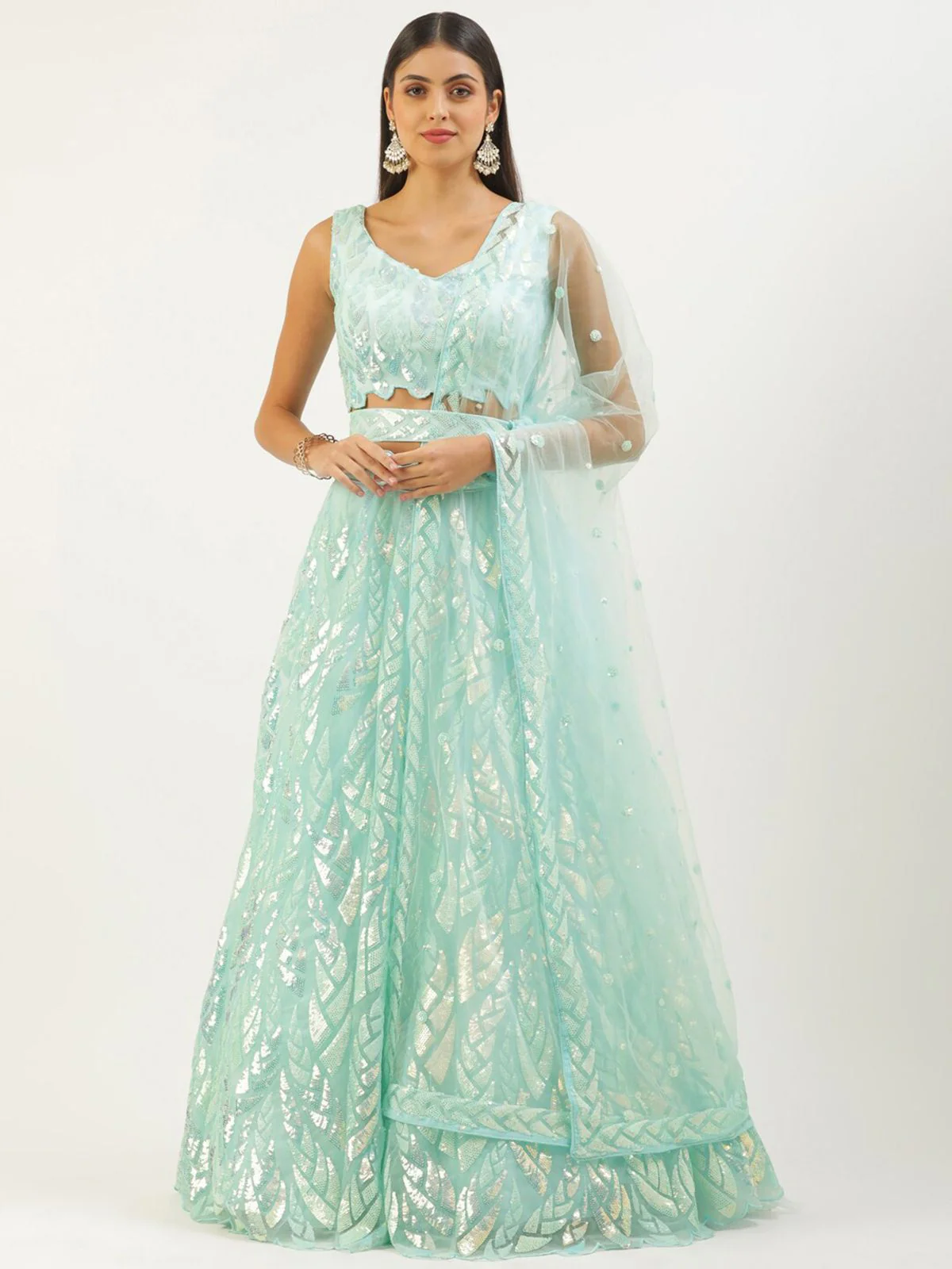 Odette Light Blue Soft Net Embellished Semi Stitched Lehenga With Unstitched Blouse For Women - Image 2