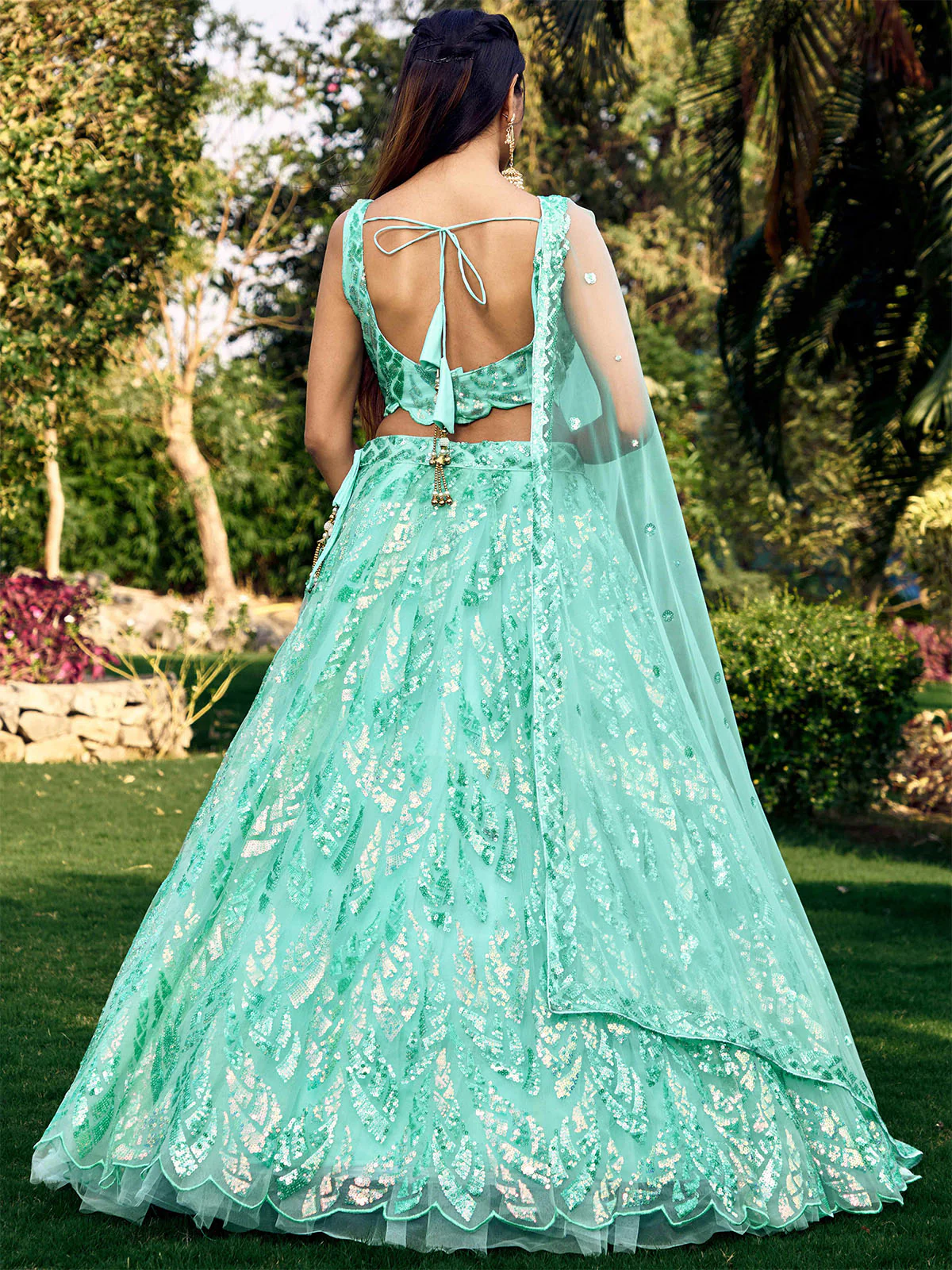 Odette Light Blue Soft Net Embellished Semi Stitched Lehenga With Unstitched Blouse For Women - Image 3