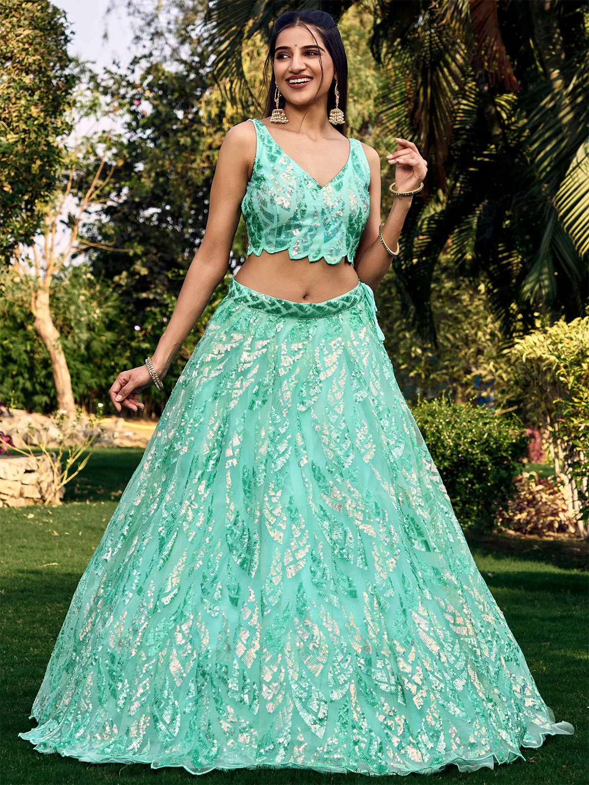 Odette Light Blue Soft Net Embellished Semi Stitched Lehenga With Unstitched Blouse For Women - Image 4