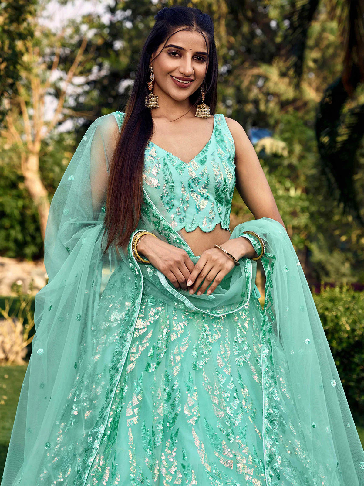 Odette Light Blue Soft Net Embellished Semi Stitched Lehenga With Unstitched Blouse For Women - Image 5