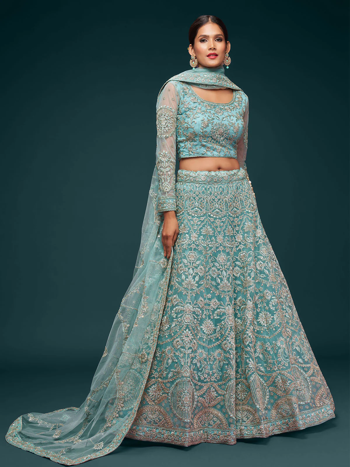 Odette Light Blue Soft Net Embellished Semi Stitched Lehenga With Unstitched Blouse For Women - Image 2