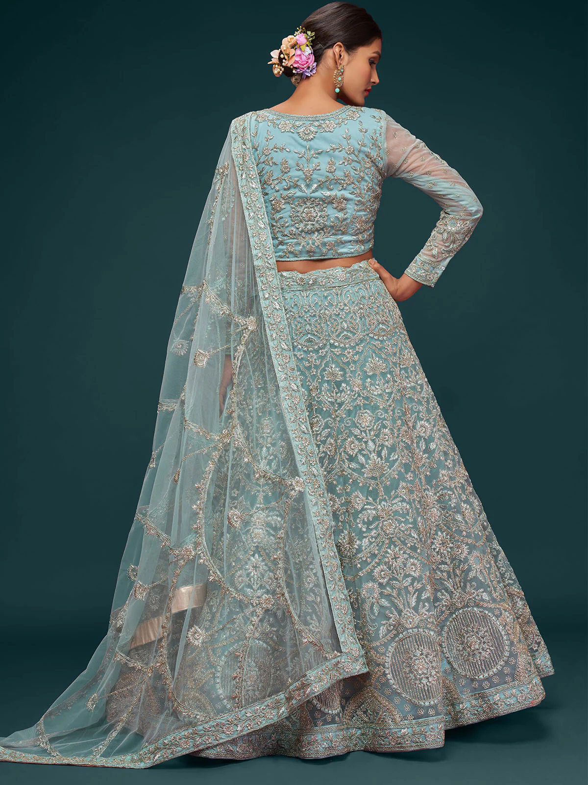 Odette Light Blue Soft Net Embellished Semi Stitched Lehenga With Unstitched Blouse For Women - Image 3