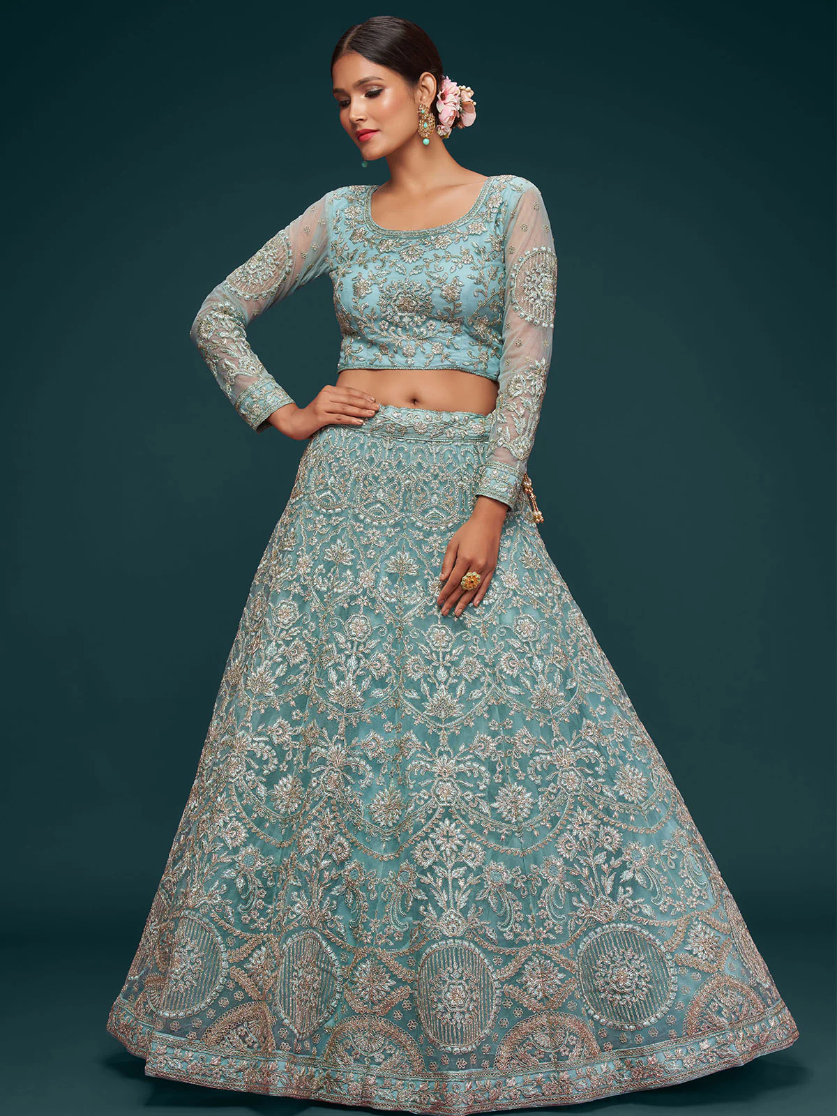 Odette Light Blue Soft Net Embellished Semi Stitched Lehenga With Unstitched Blouse For Women - Image 4