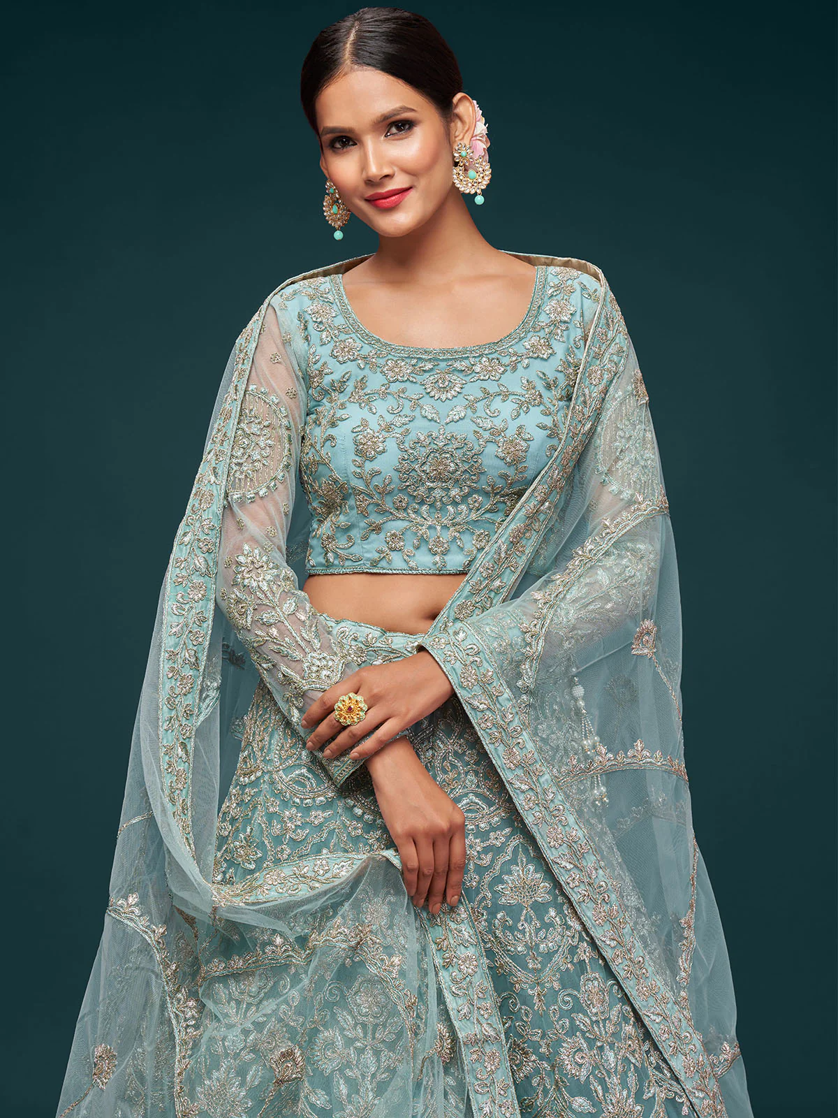 Odette Light Blue Soft Net Embellished Semi Stitched Lehenga With Unstitched Blouse For Women - Image 5