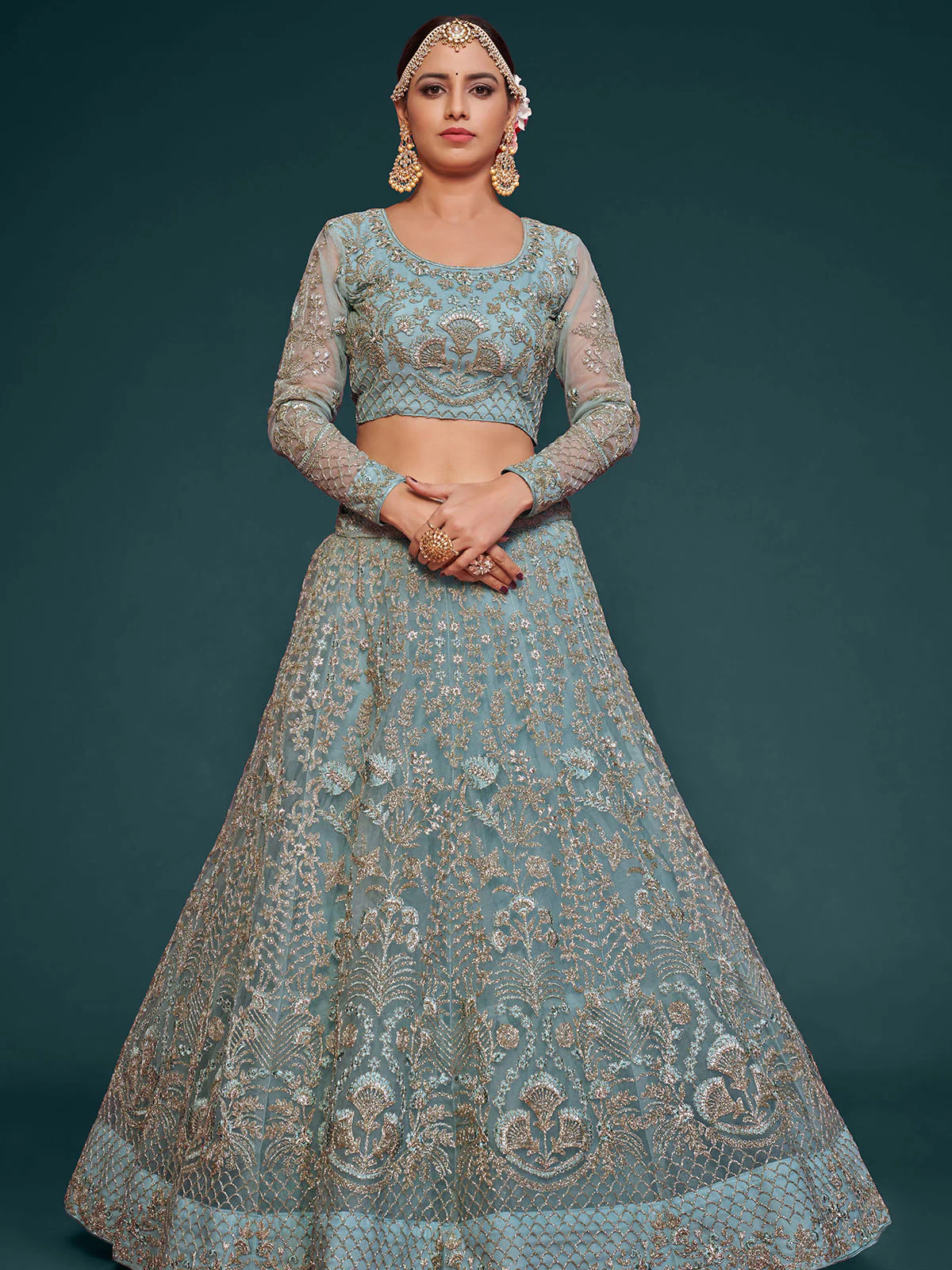 Odette Light Blue Soft Net Embellished Semi Stitched Lehenga With Unstitched Blouse For Women - Image 3