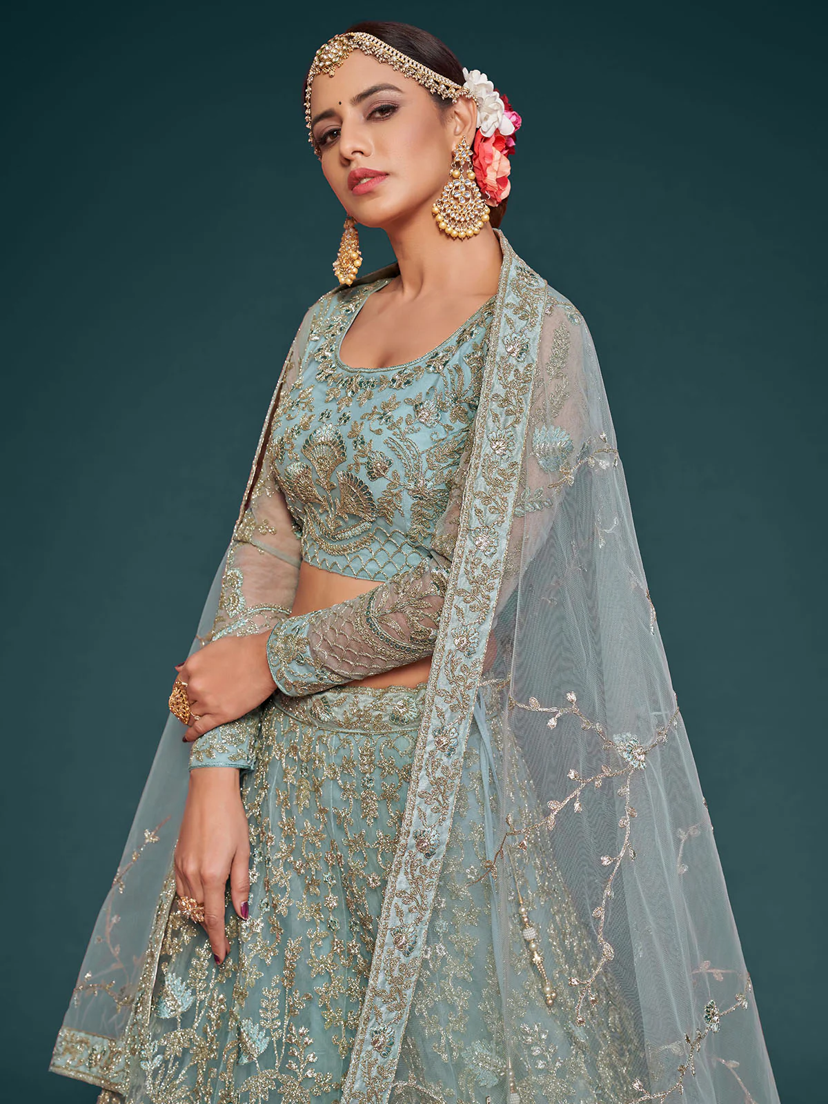 Odette Light Blue Soft Net Embellished Semi Stitched Lehenga With Unstitched Blouse For Women - Image 4