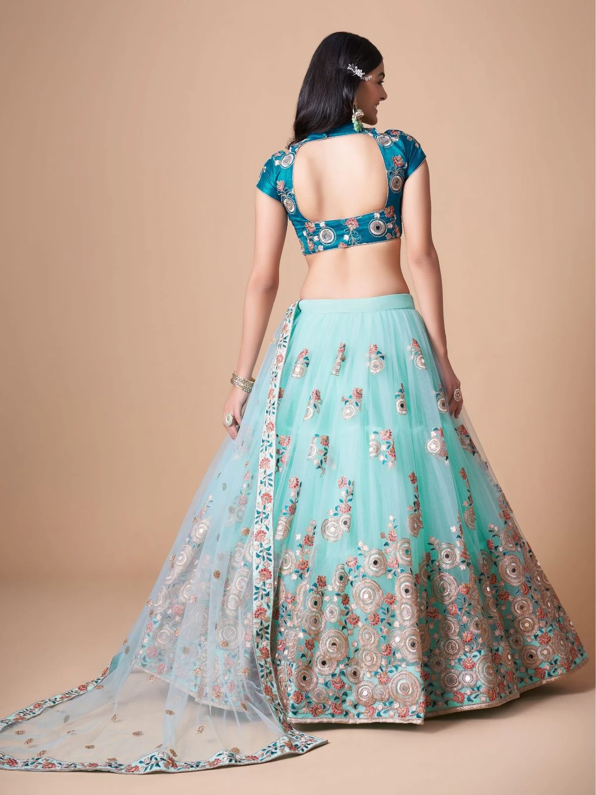 Odette Light Blue Soft Net Embroidered Semi Stitched Lehenga With Blouse For Women - Image 4