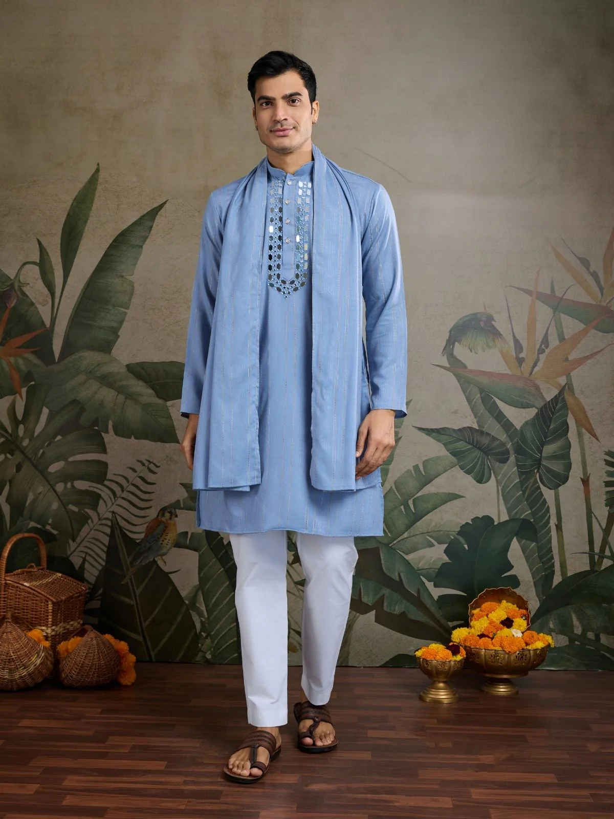 Odette Light Blue Viscose Silk Embellished Stitched Kurta For Men