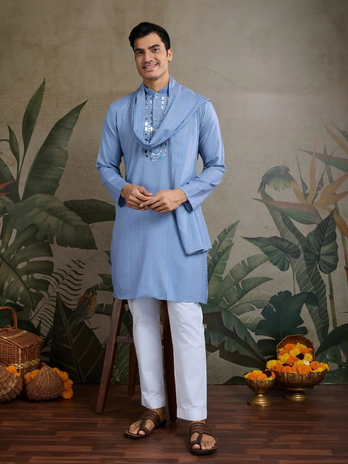 Odette Light Blue Viscose Silk Embellished Stitched Kurta For Men - Image 2
