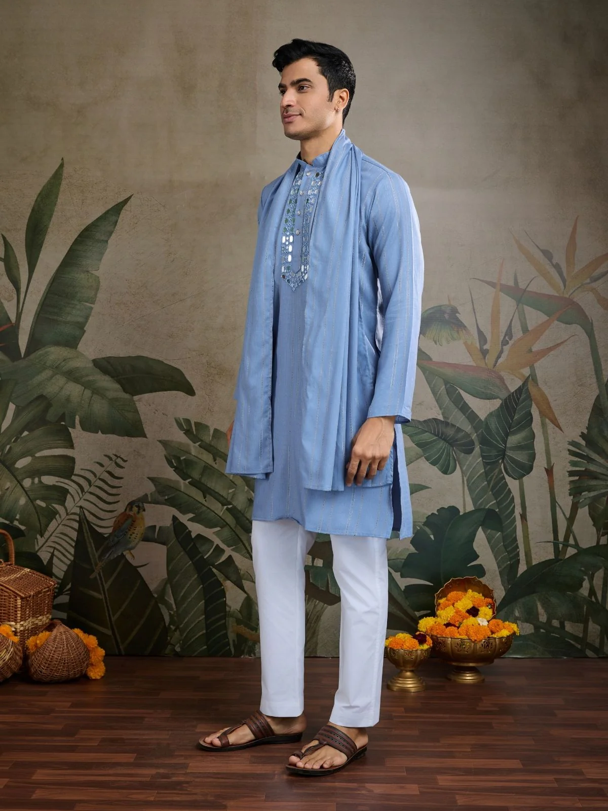 Odette Light Blue Viscose Silk Embellished Stitched Kurta For Men - Image 3