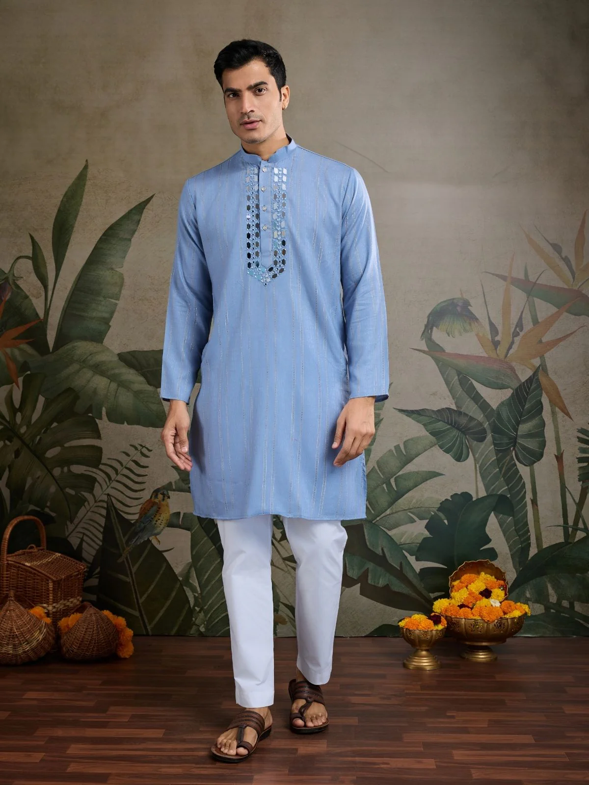 Odette Light Blue Viscose Silk Embellished Stitched Kurta For Men - Image 4