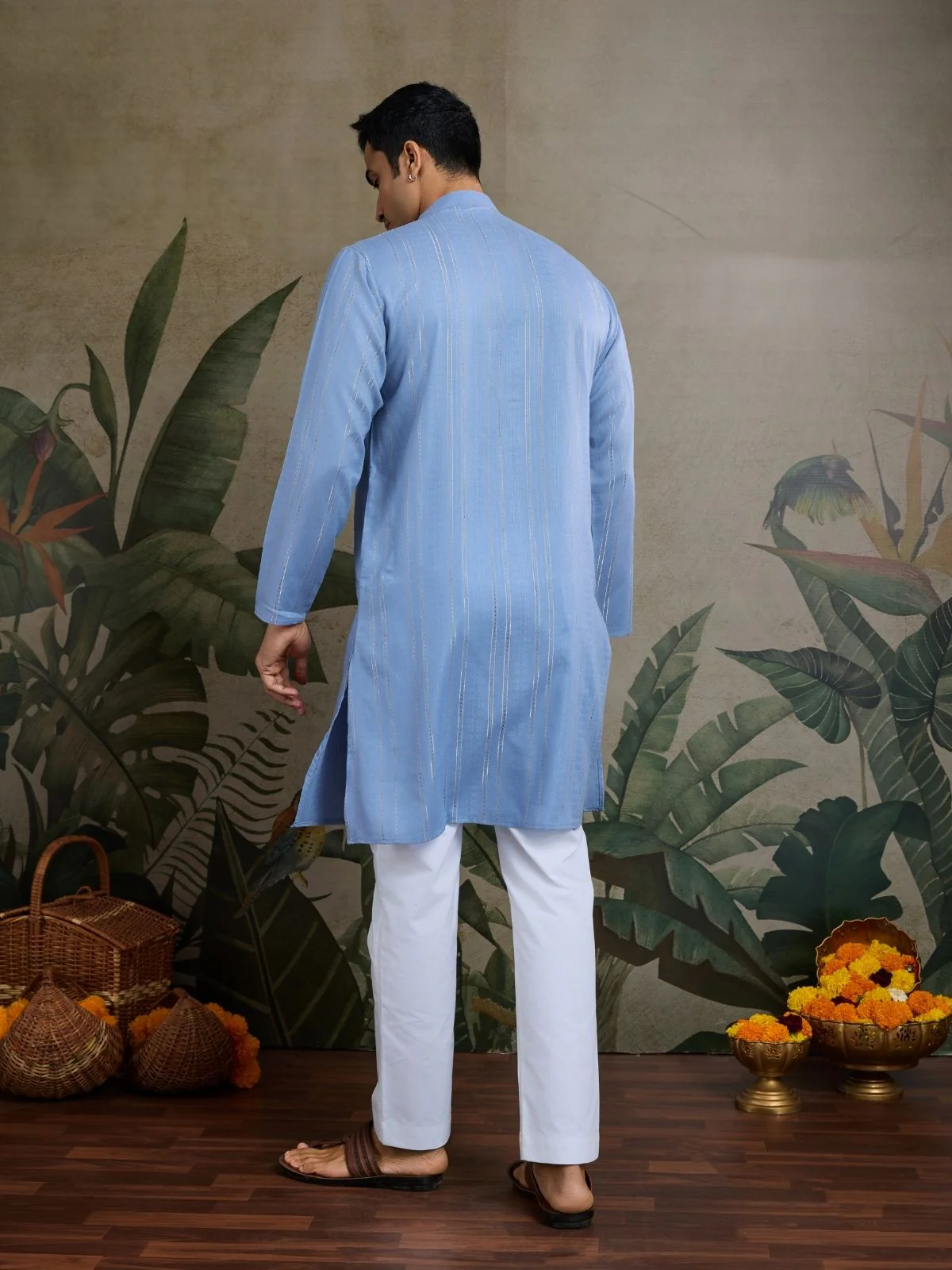 Odette Light Blue Viscose Silk Embellished Stitched Kurta For Men - Image 5