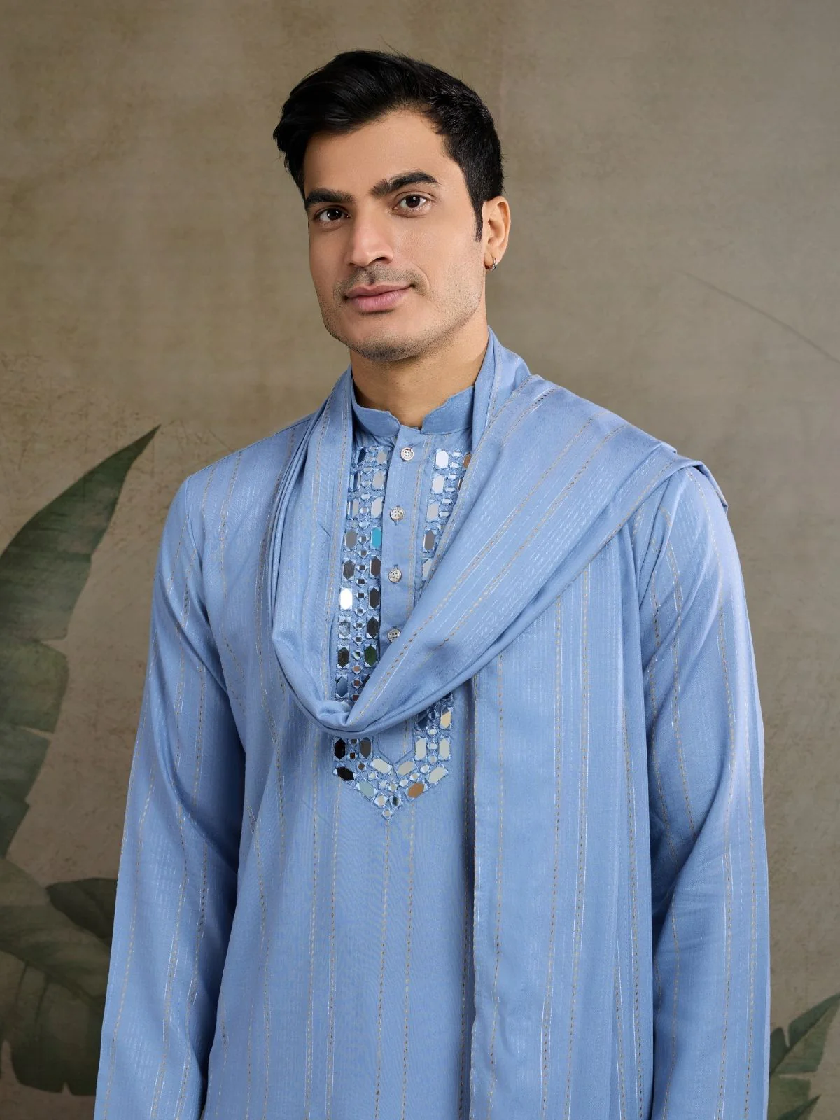 Odette Light Blue Viscose Silk Embellished Stitched Kurta For Men - Image 6