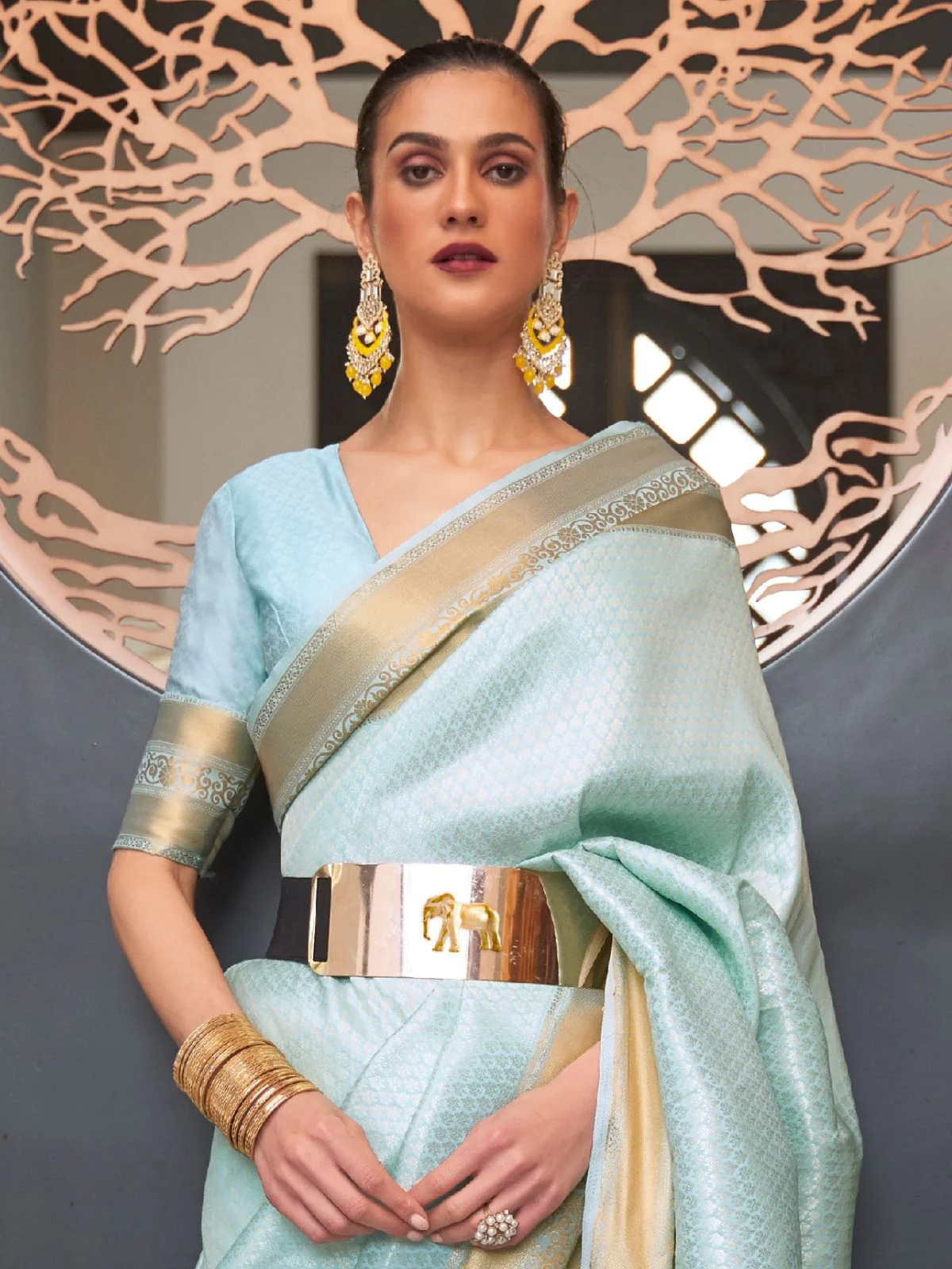 Odette Light Blue Woven Design Silk Blend Saree With Unstitched Blouse For Women - Image 3