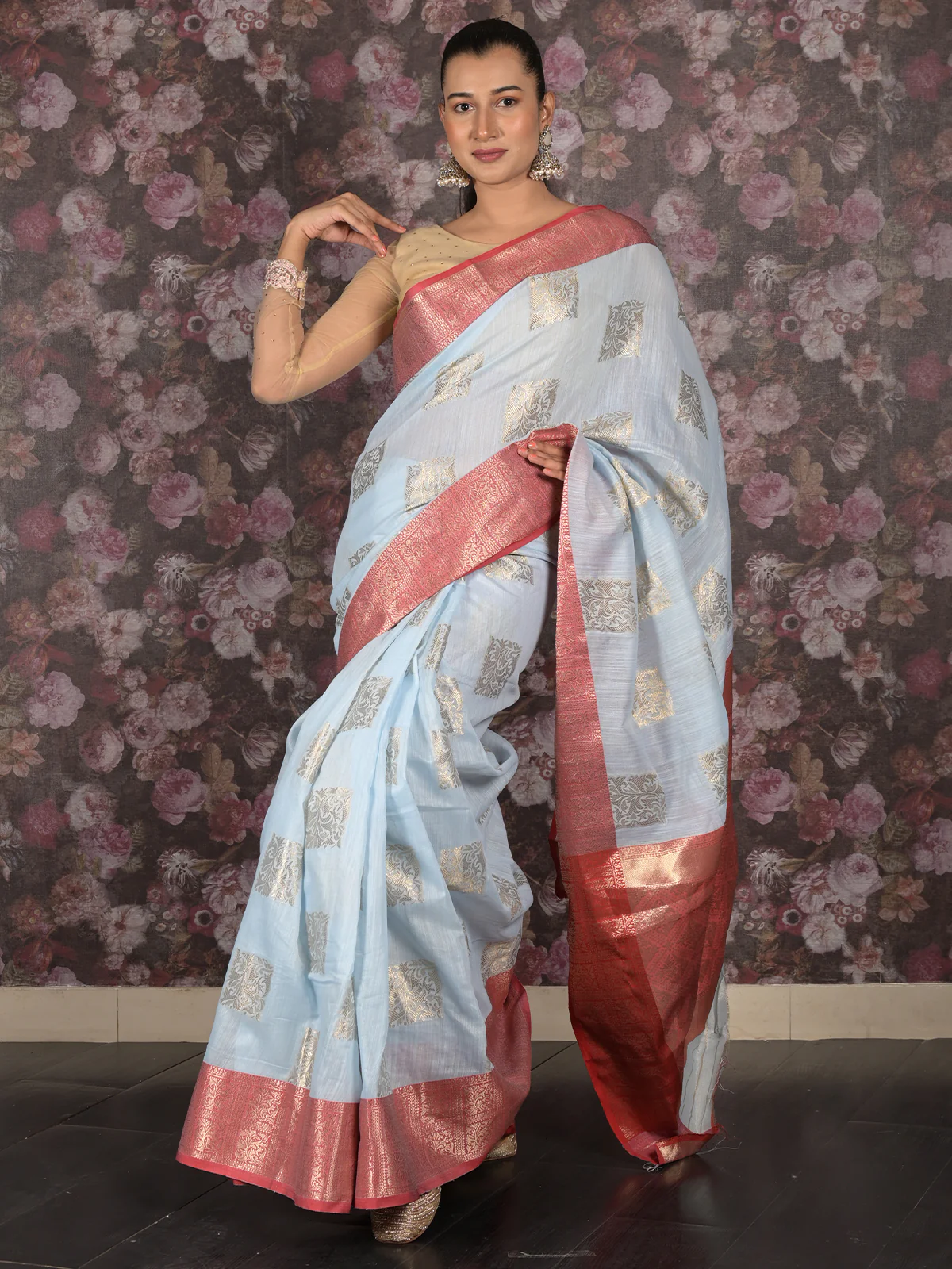 Odette Light Blue Woven Silk Blend Saree With Unstitched Blouse For Women - Image 2