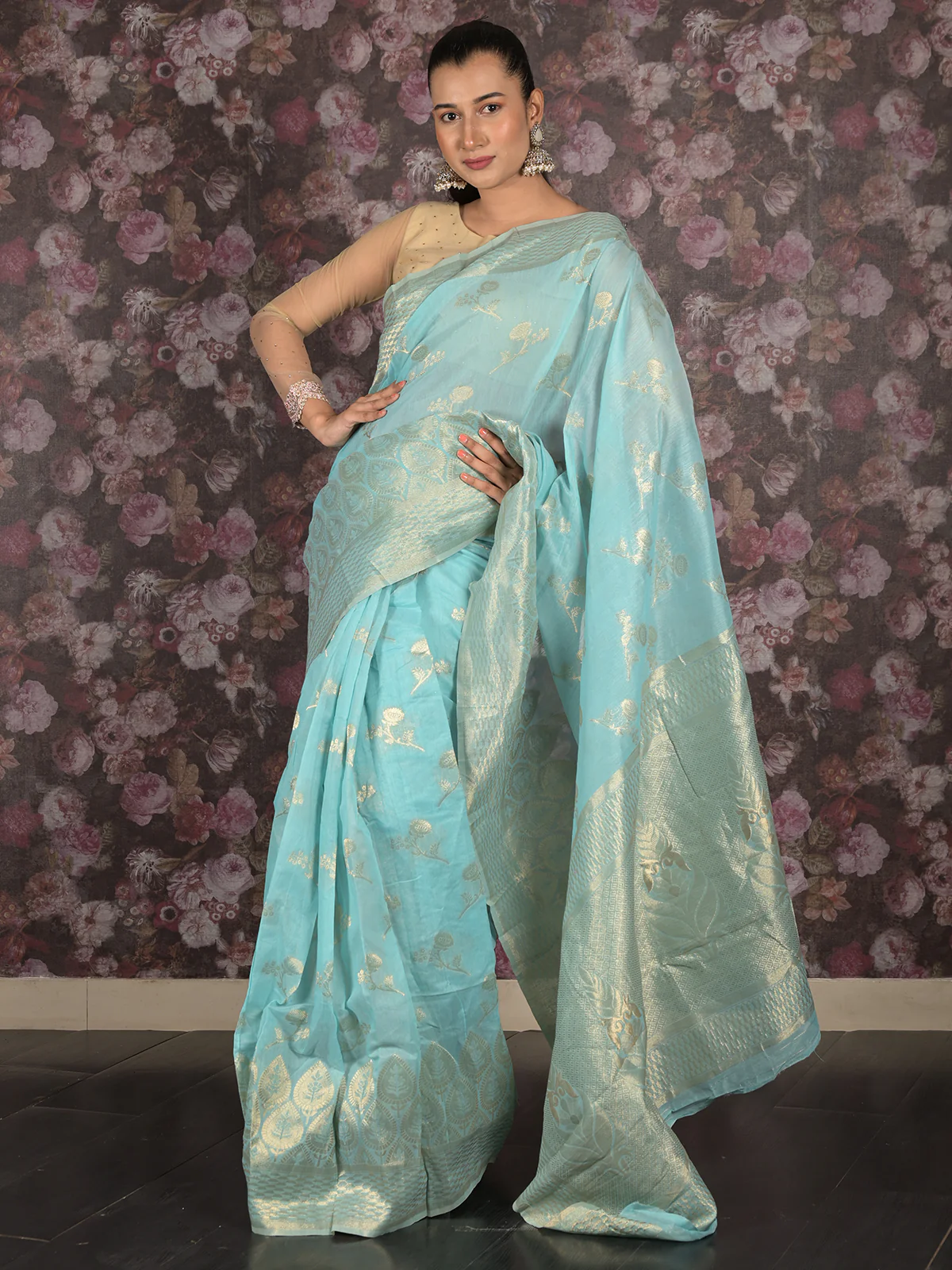 Odette Light Blue Woven Silk Blend Saree With Unstitched Blouse For Women - Image 2