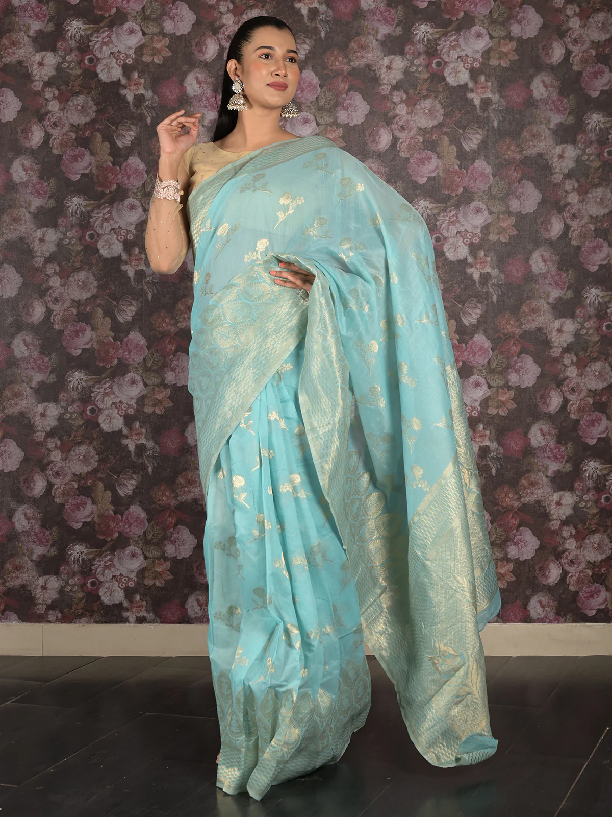 Odette Light Blue Woven Silk Blend Saree With Unstitched Blouse For Women - Image 3