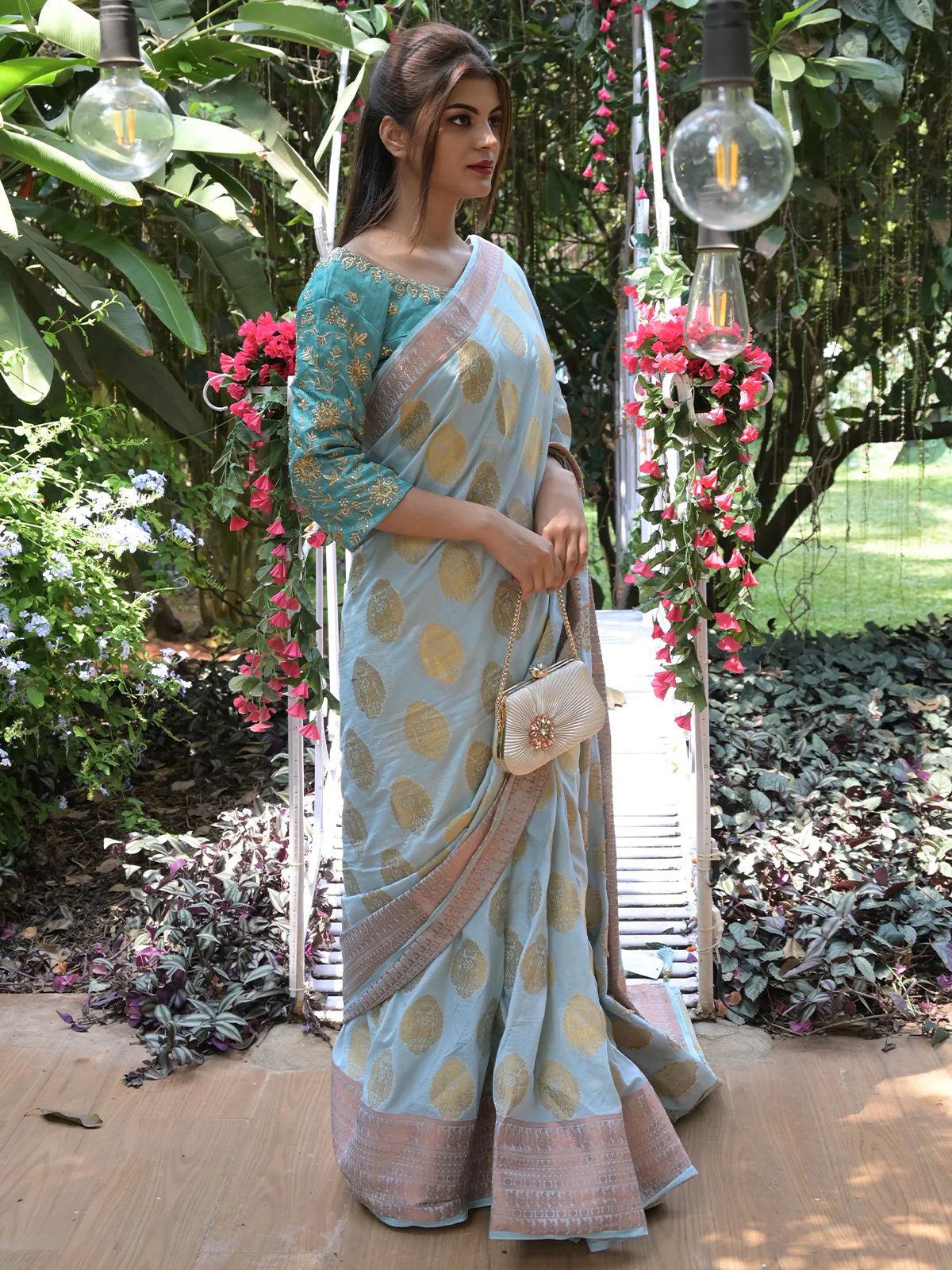 Odette Light Blue Woven Soft Silk Saree with Unstitched Blouse for Women - Image 2