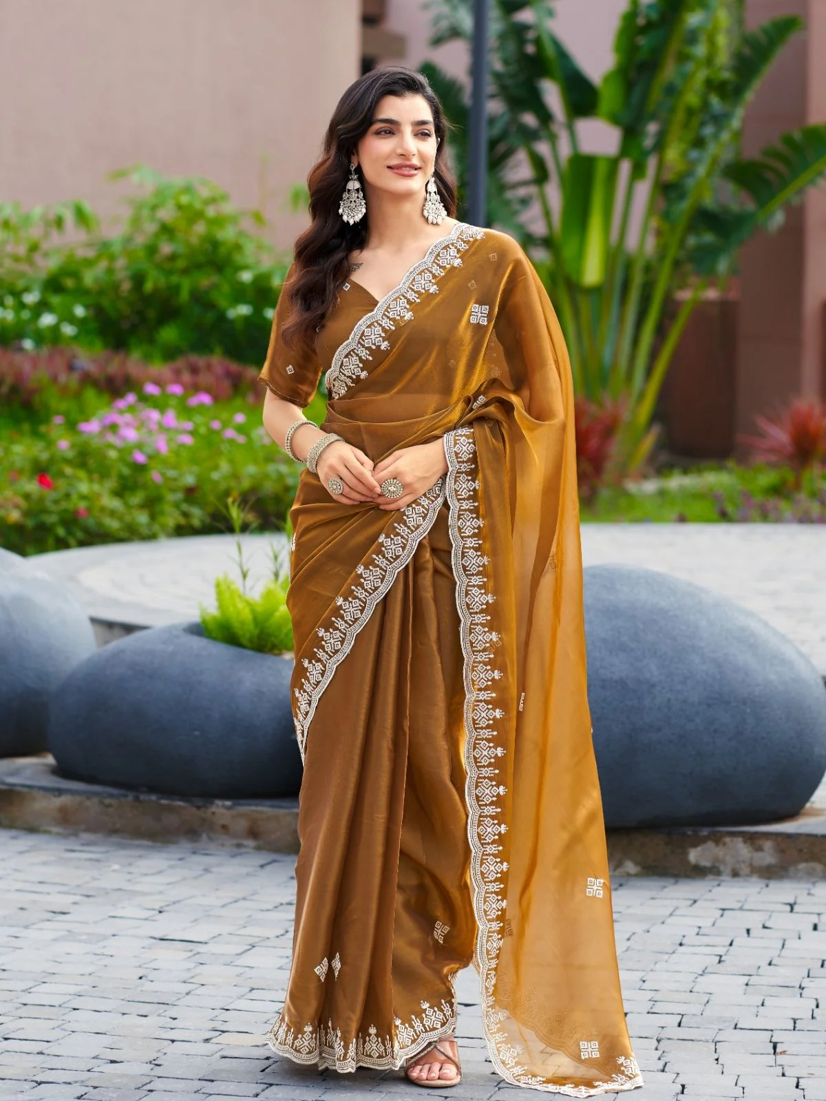 Odette Light Brown Chiffon Embroidered Saree For Women