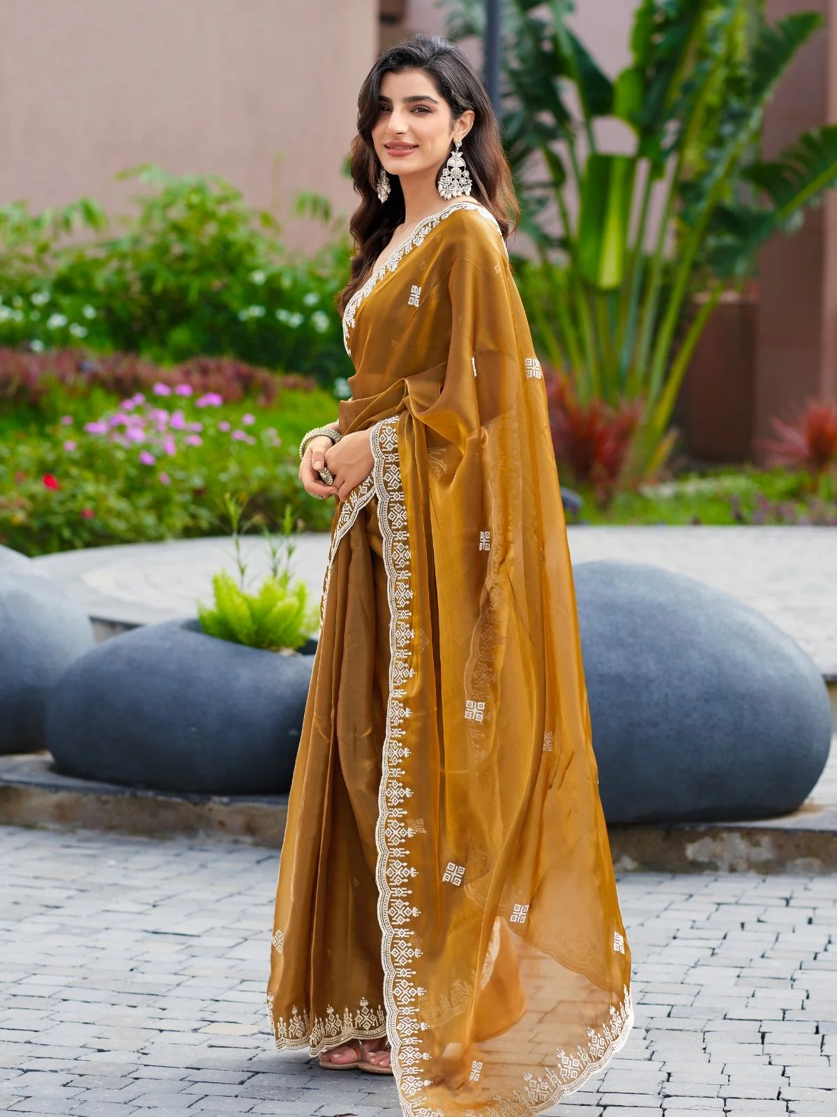 Odette Light Brown Chiffon Embroidered Saree For Women - Image 2