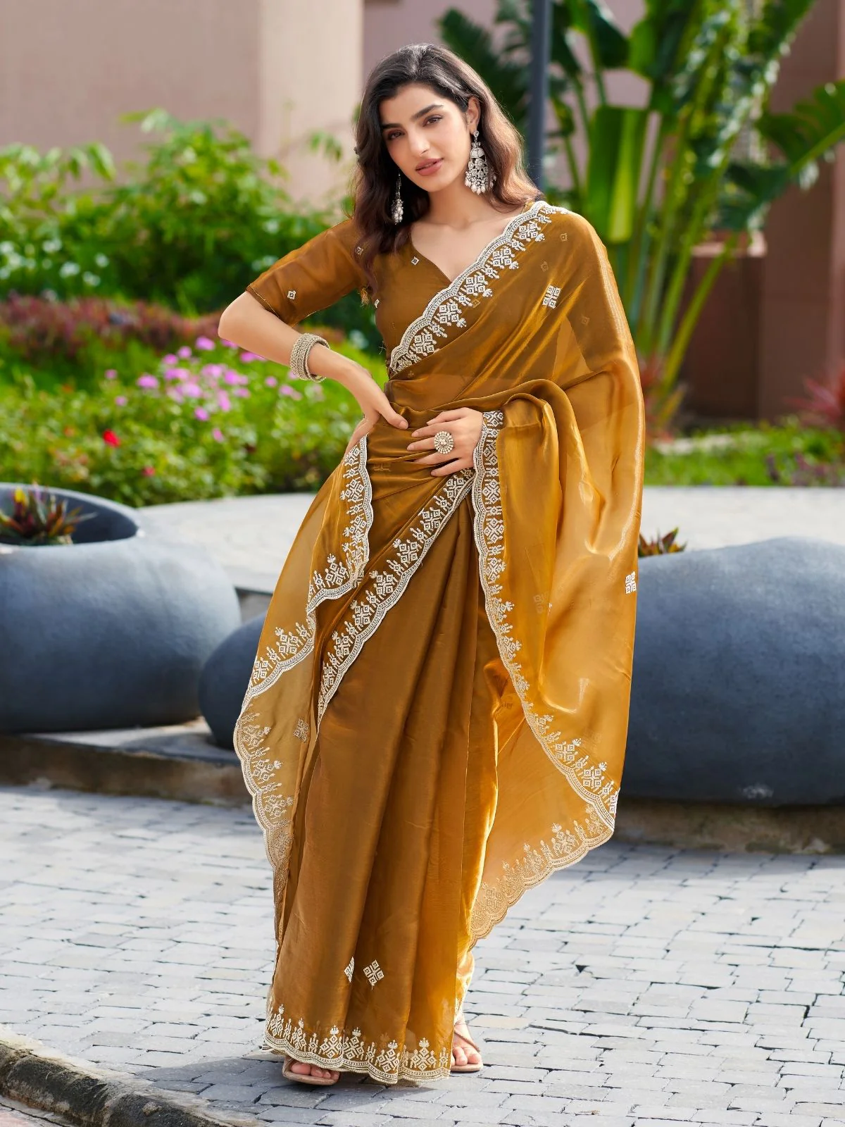 Odette Light Brown Chiffon Embroidered Saree For Women - Image 3