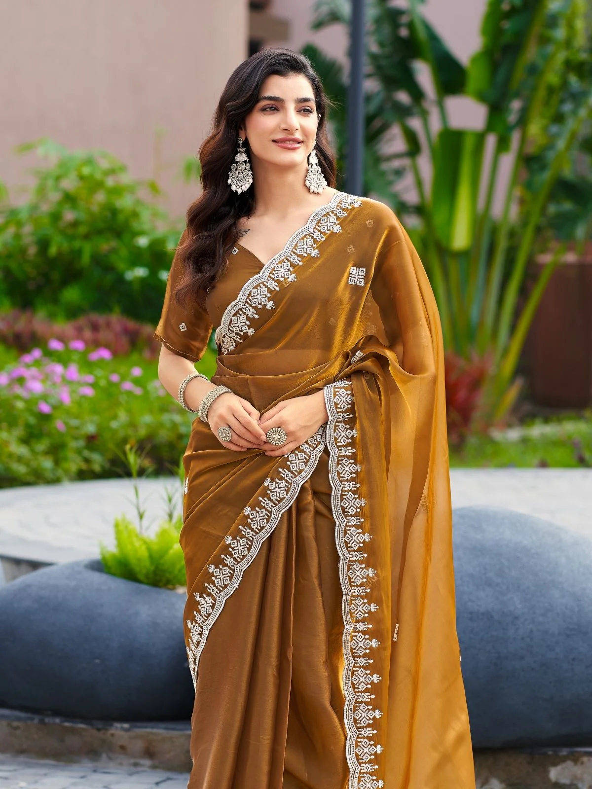 Odette Light Brown Chiffon Embroidered Saree For Women - Image 4
