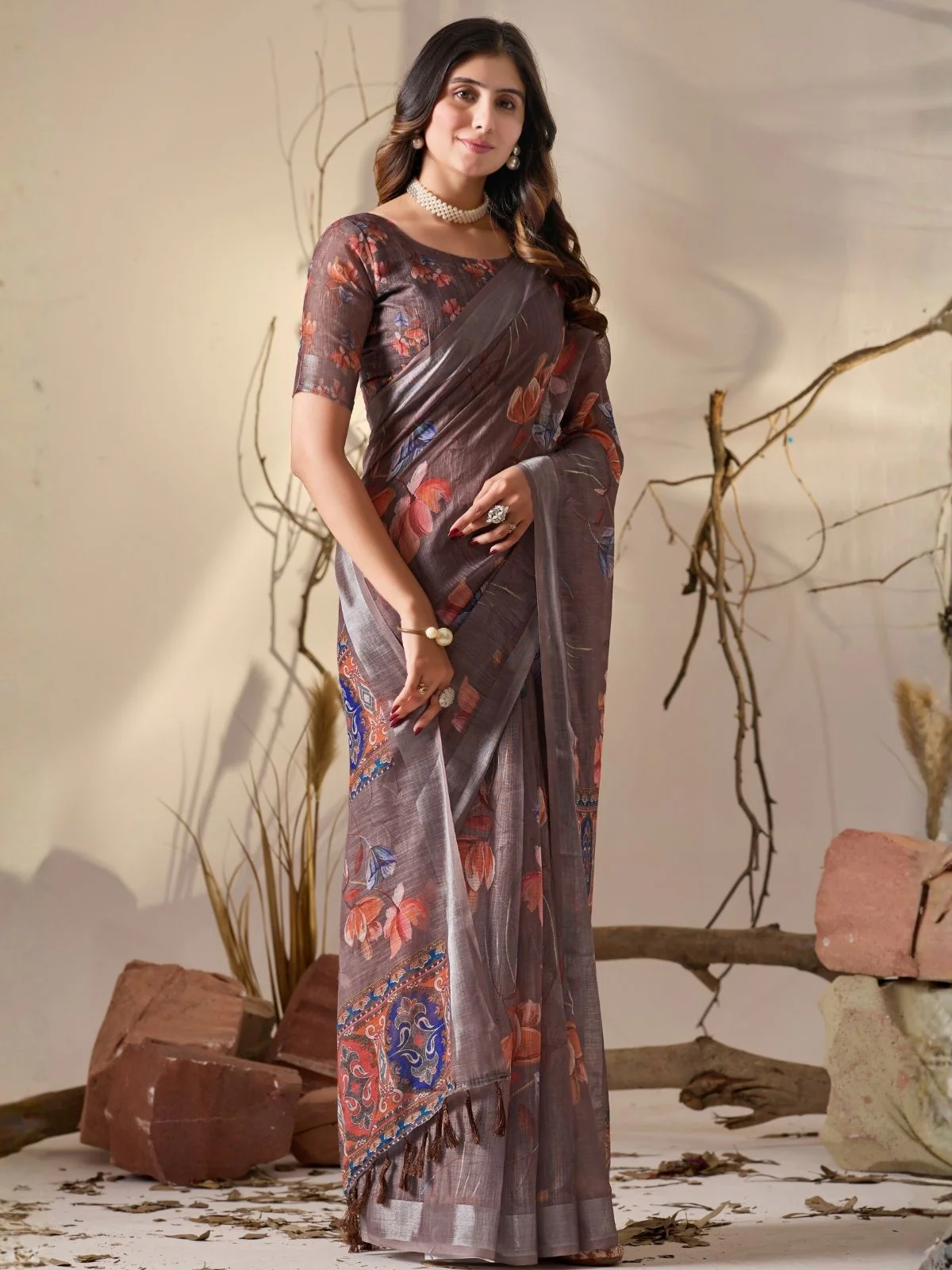 Odette Light Brown Linen Cotton Printed Saree For Women