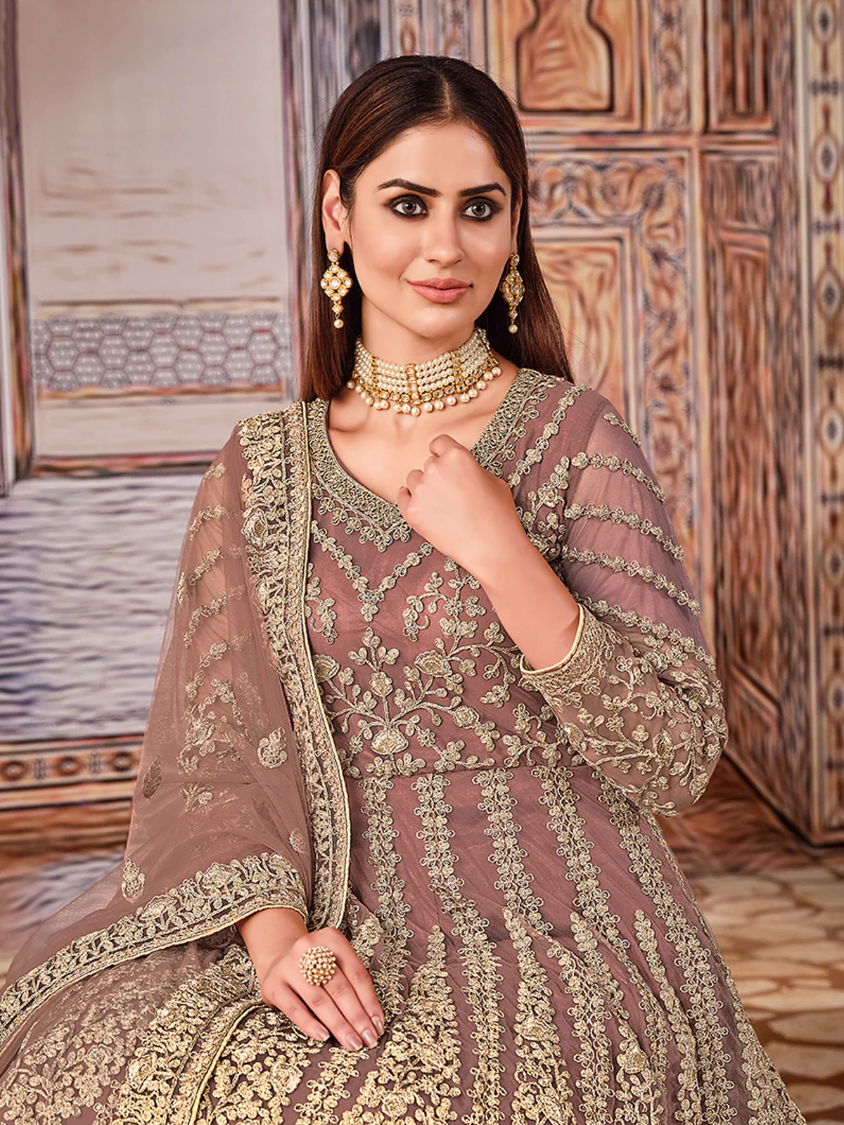 Odette Light Brown Net Embroidered Semi stitched Kurta Set with Inner For Women - Image 3