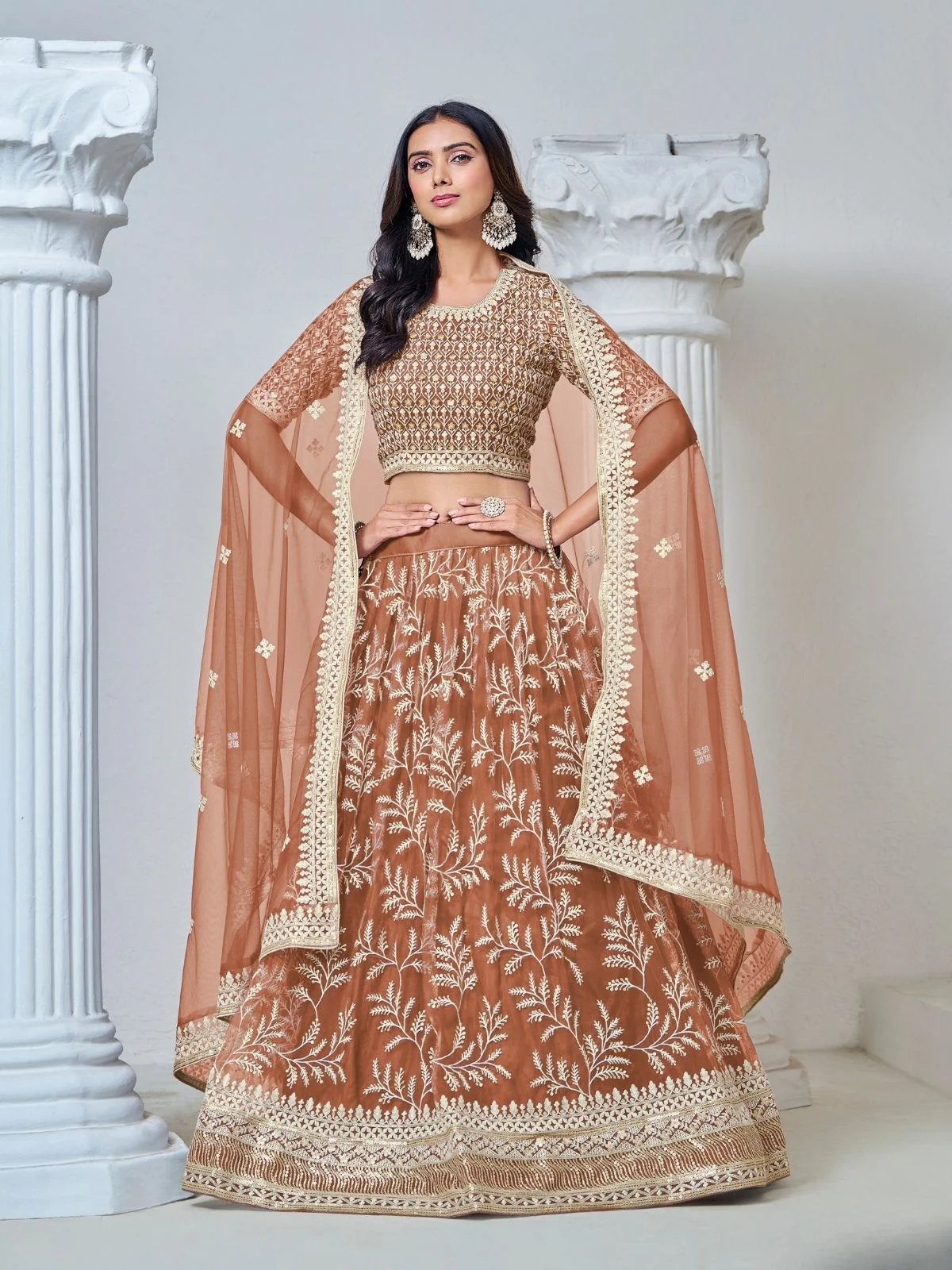 Odette Light Brown Net Embroidered Semi-Stitched lehenga For Women - Image 2
