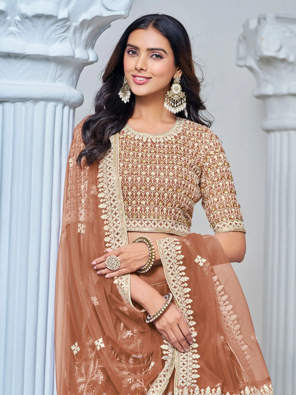 Odette Light Brown Net Embroidered Semi-Stitched lehenga For Women - Image 4