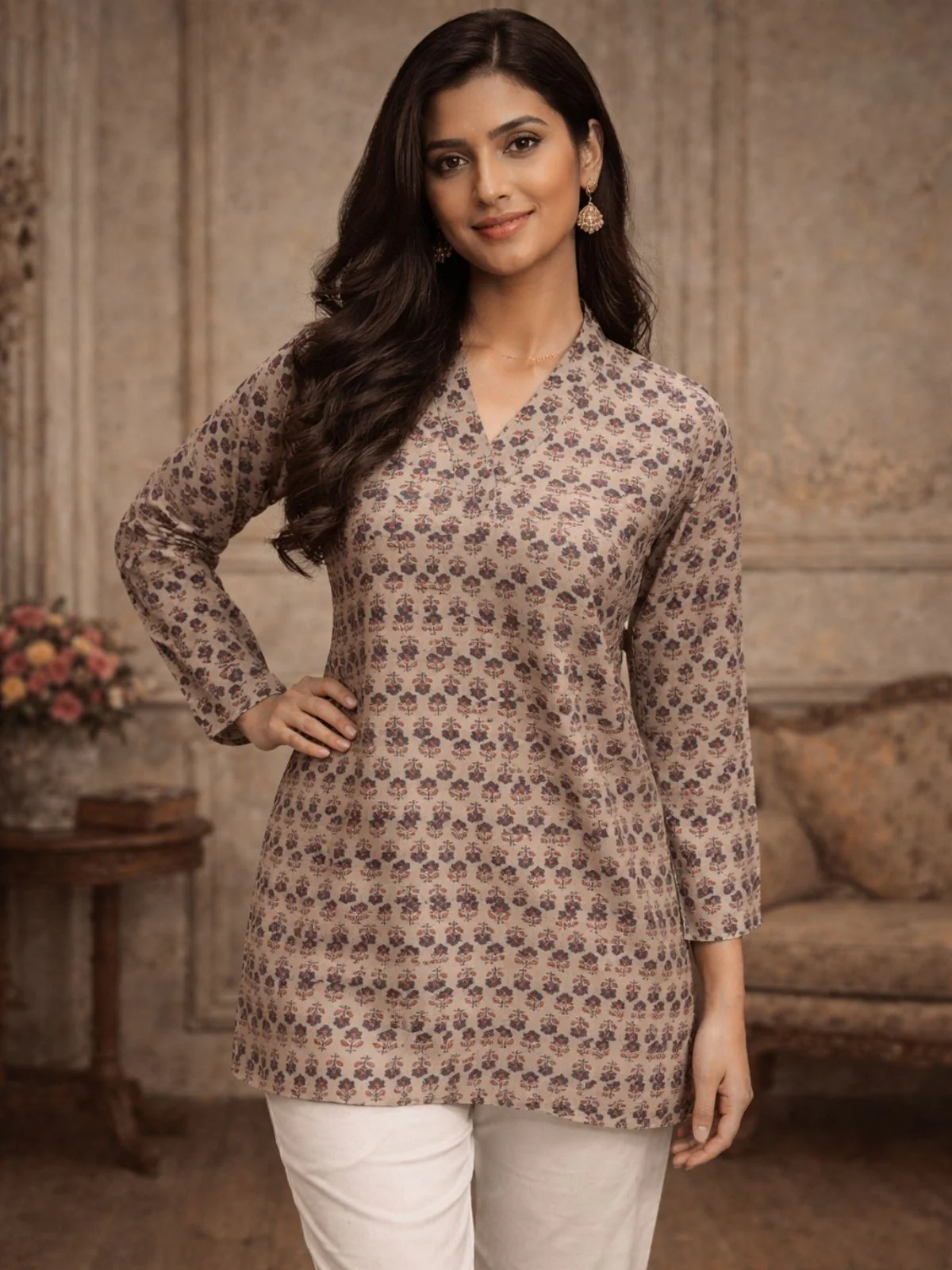 Odette Light Brown Silk Blend Printed Solid Kurti For Women