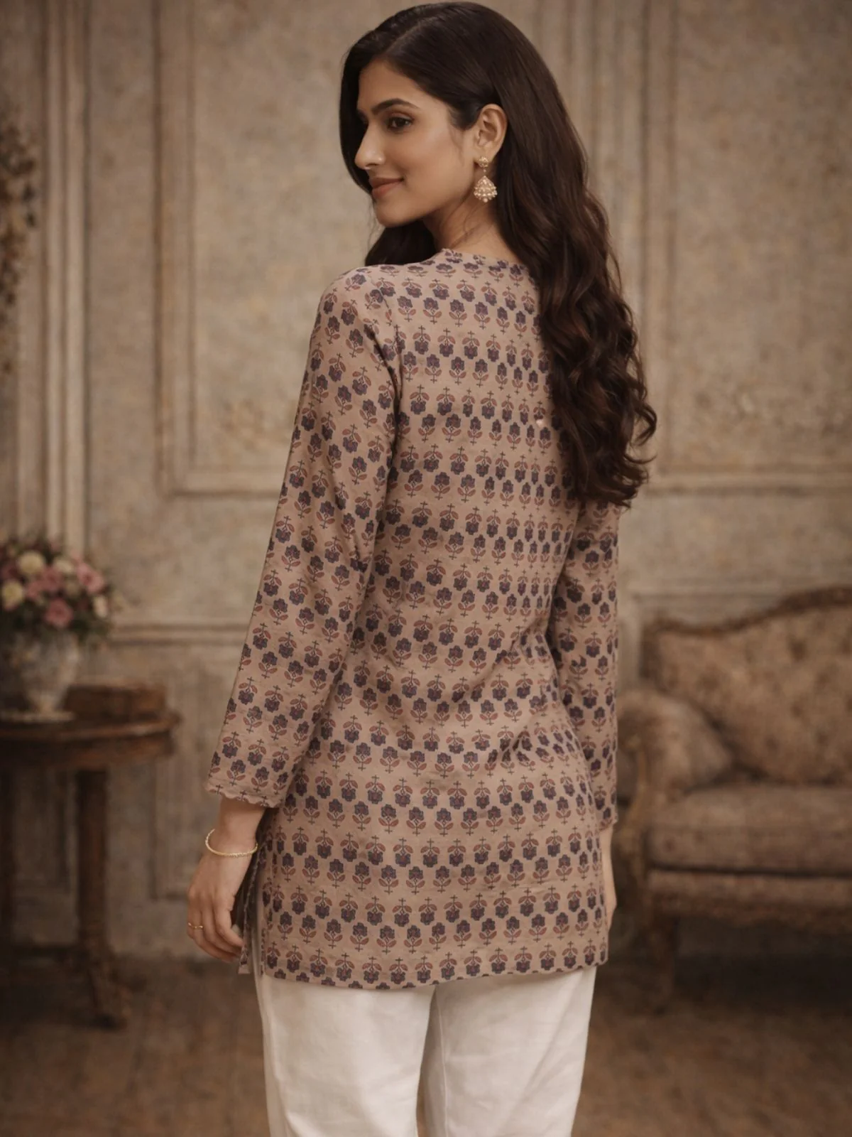 Odette Light Brown Silk Blend Printed Solid Kurti For Women - Image 3