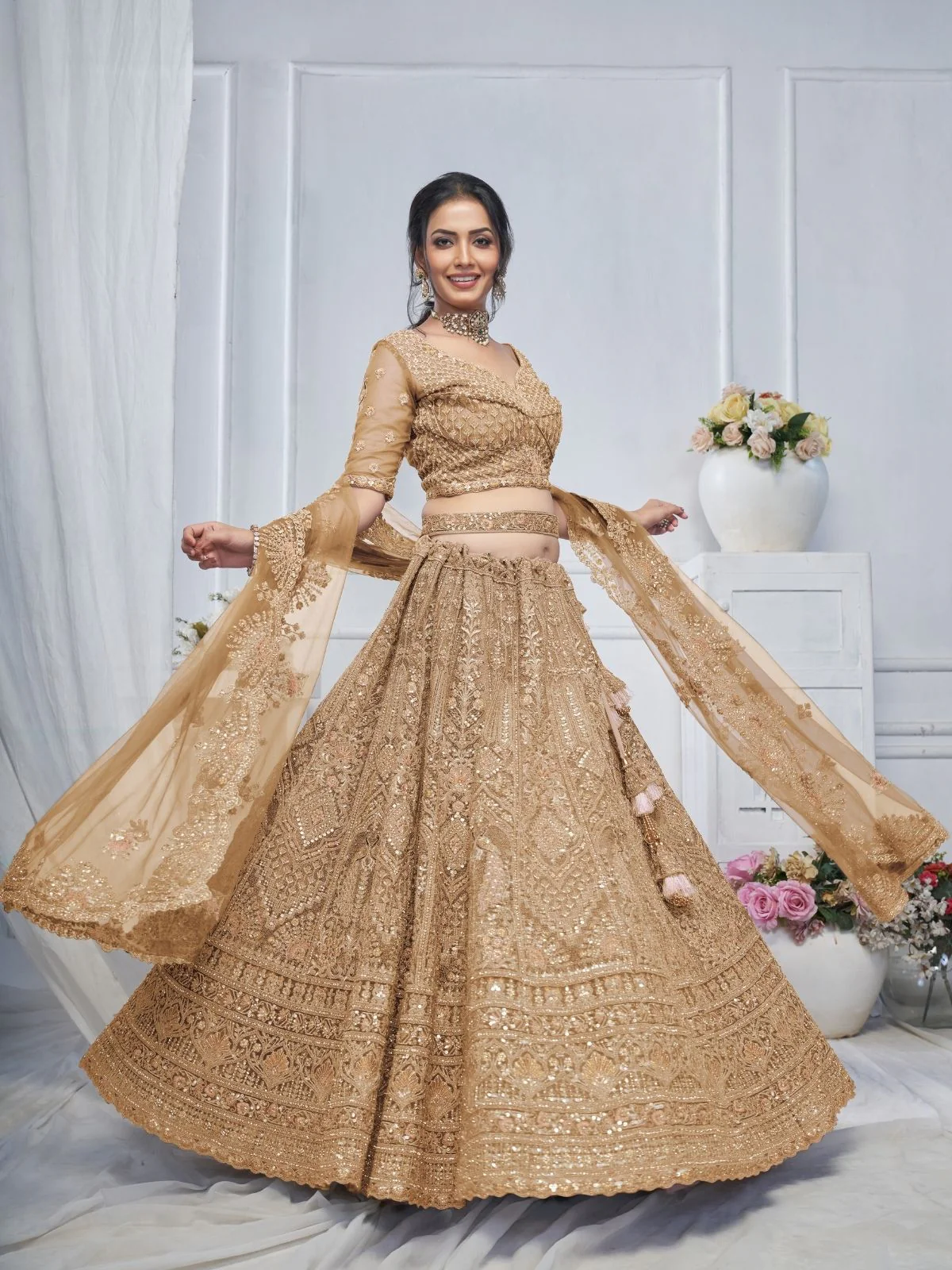Odette Light Brown Soft Net Embellished Semi-Stitched Lehenga With Unstitched Blouse For Women - Image 2