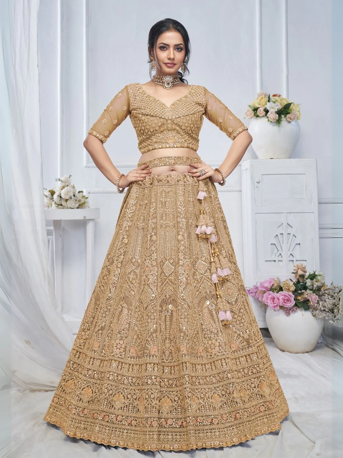 Odette Light Brown Soft Net Embellished Semi-Stitched Lehenga With Unstitched Blouse For Women - Image 3