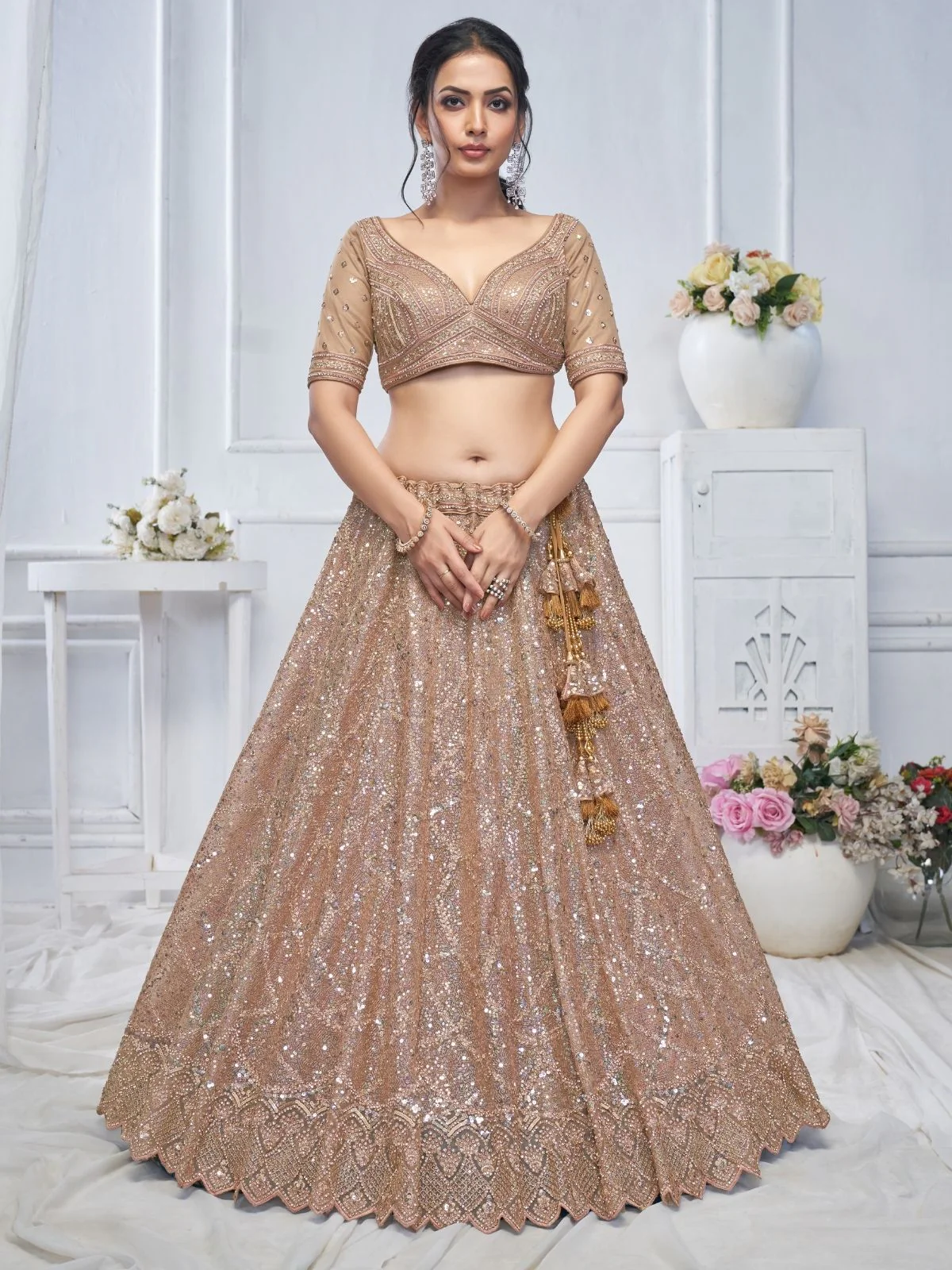 Odette Light Brown Soft Net Embroidered Semi-Stitched Lehenga With Unstitched Blouse For Women - Image 2
