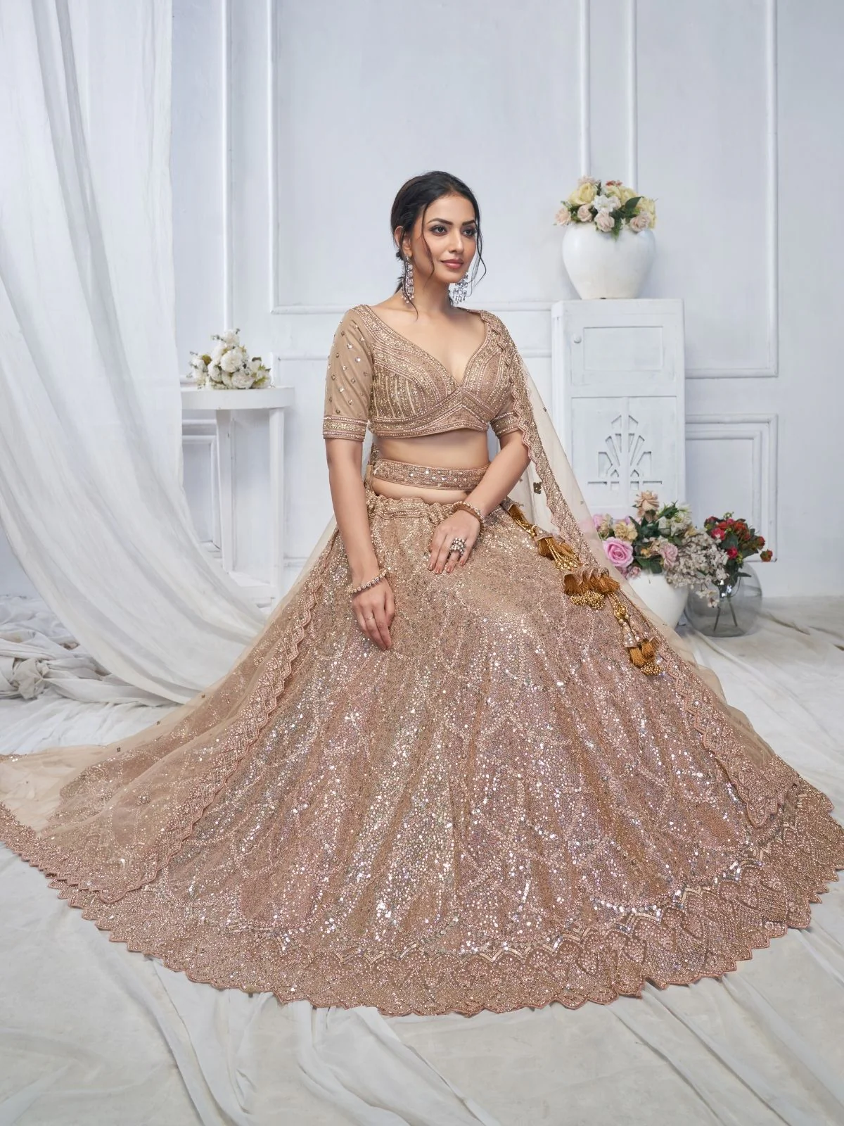 Odette Light Brown Soft Net Embroidered Semi-Stitched Lehenga With Unstitched Blouse For Women - Image 4