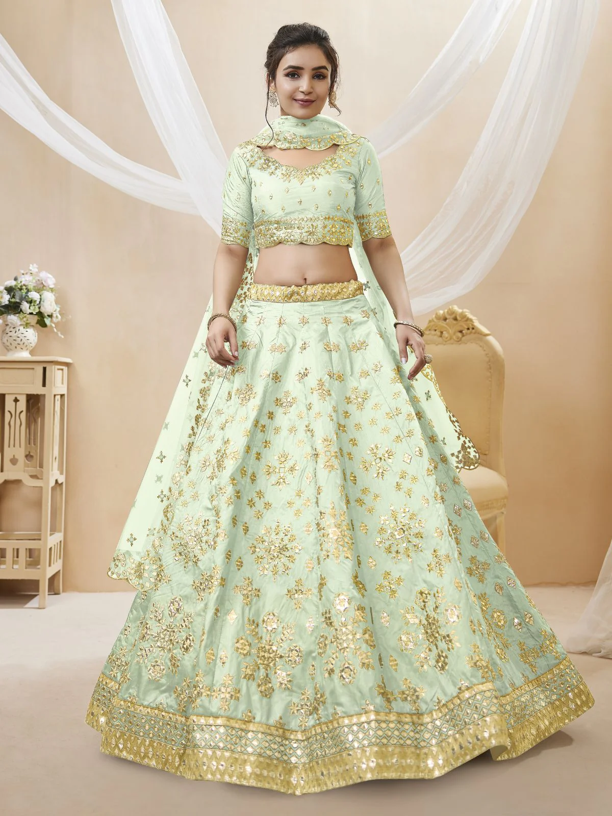 Odette Light Green Art Silk Embroidered Semi Stitched Lehenga With Unstitched Blouse For Women - Image 2