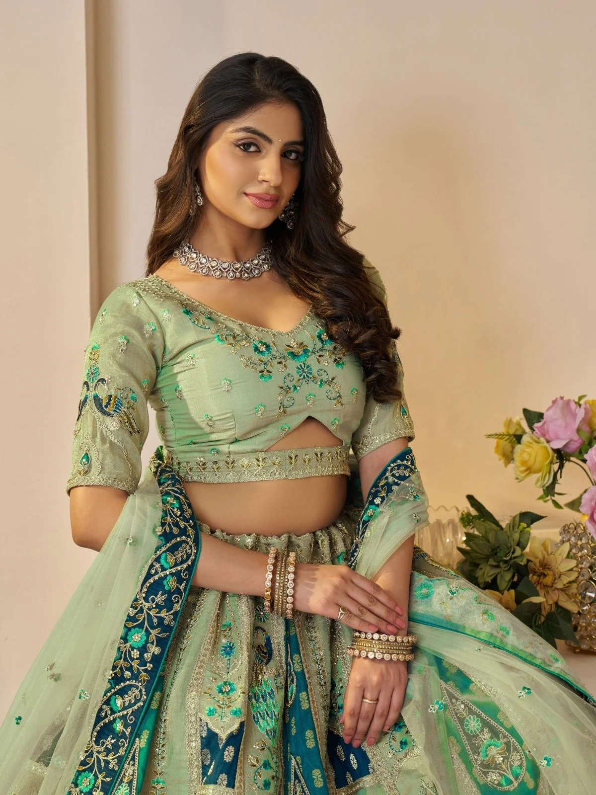 Odette Light Green Banarasi Silk Embroidered Semi-Stitched Lehenga For Women - Image 3