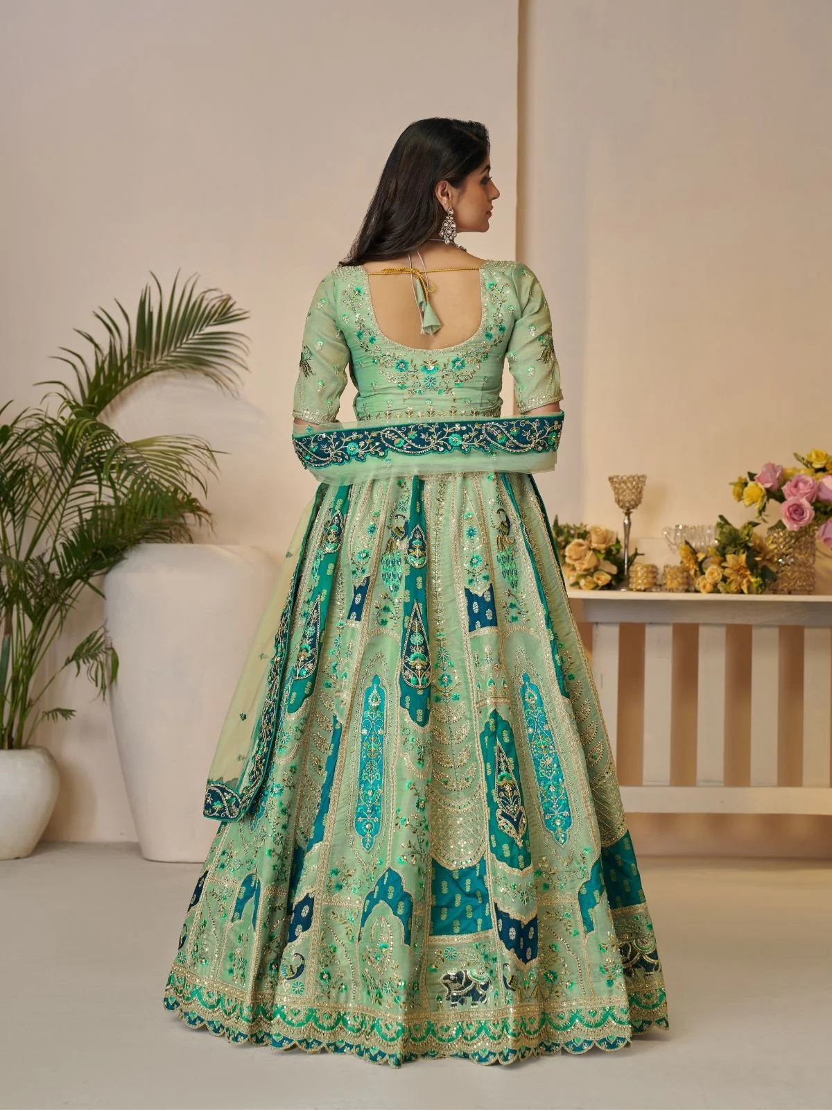 Odette Light Green Banarasi Silk Embroidered Semi-Stitched Lehenga For Women - Image 4