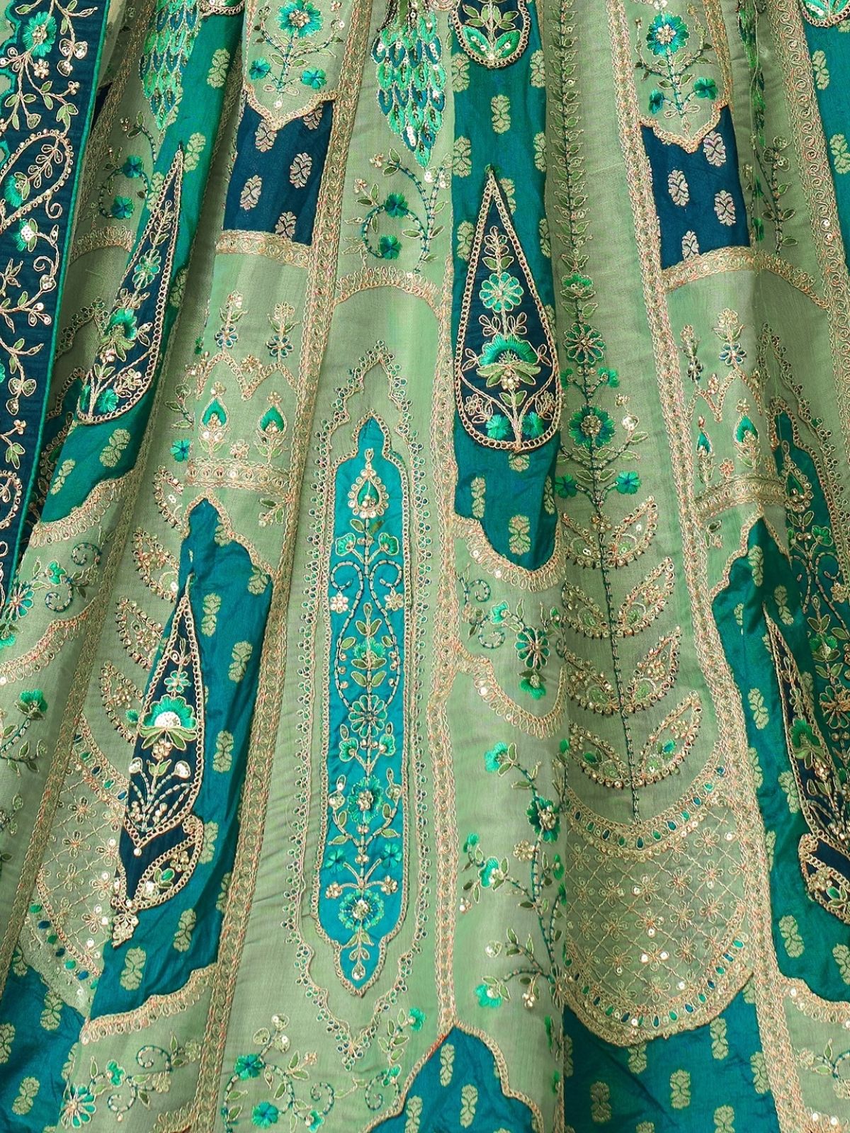 Odette Light Green Banarasi Silk Embroidered Semi-Stitched Lehenga For Women - Image 5