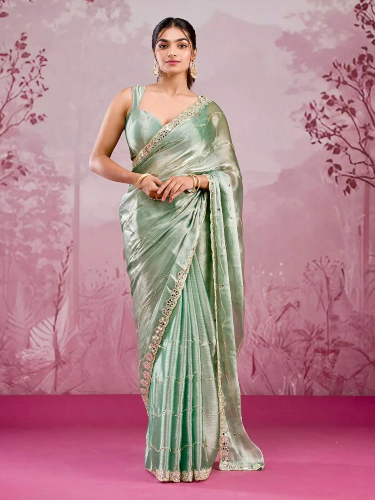 Odette Light Green Chiffon Embroidered Saree For Women