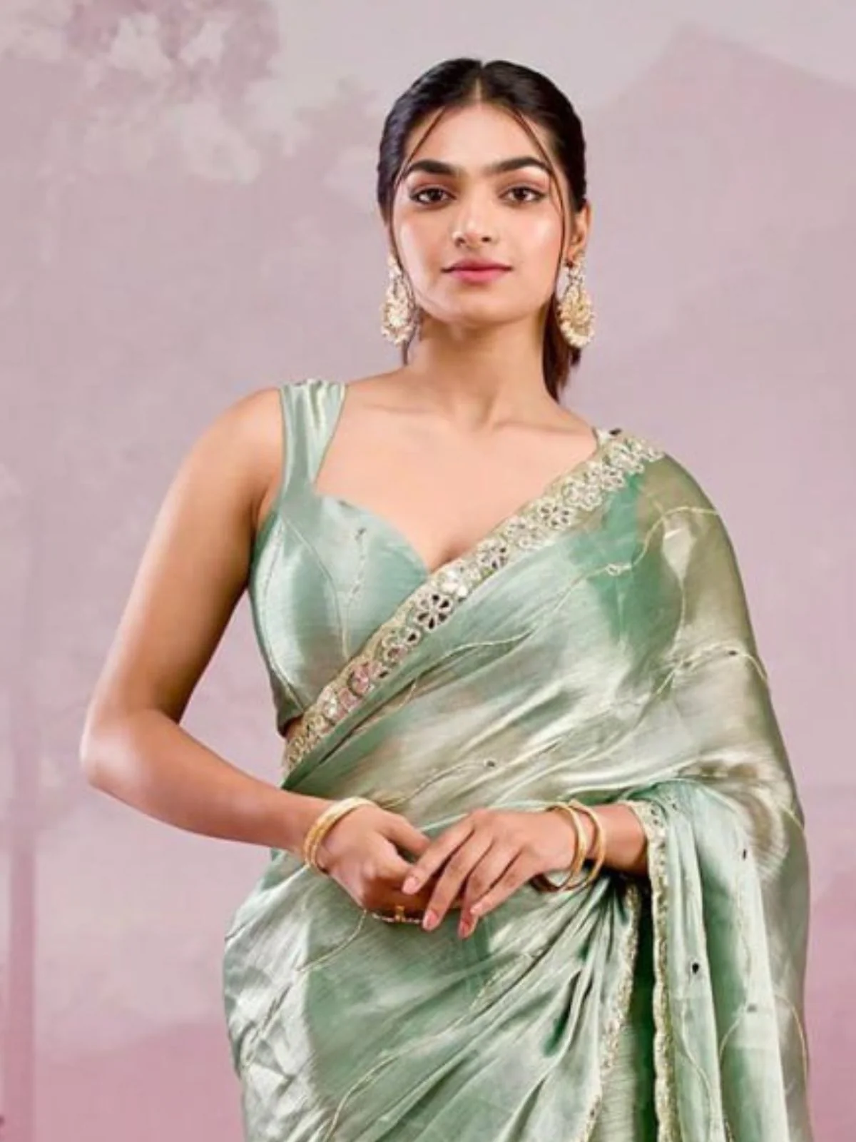 Odette Light Green Chiffon Embroidered Saree For Women - Image 2