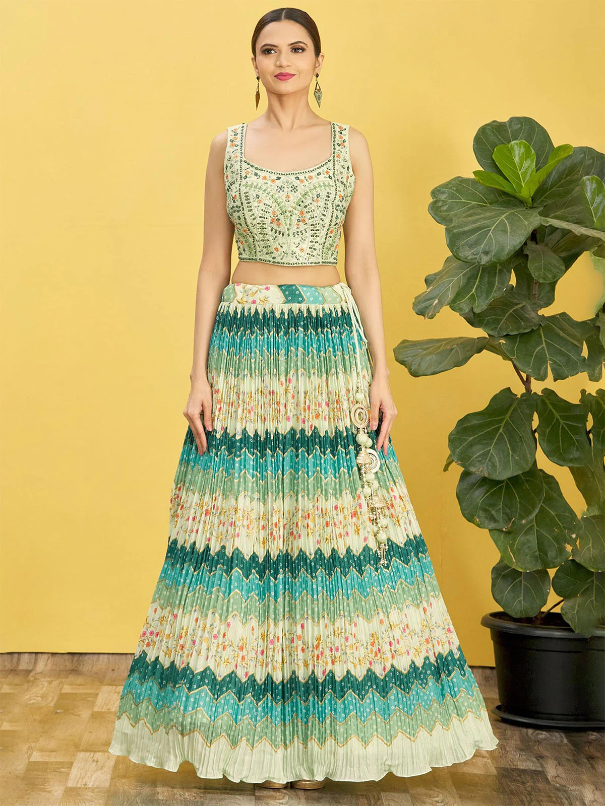 Odette Light Green Chinon Embellished Semi Stitched Lehenga With Unstitched Blouse For Women - Image 3