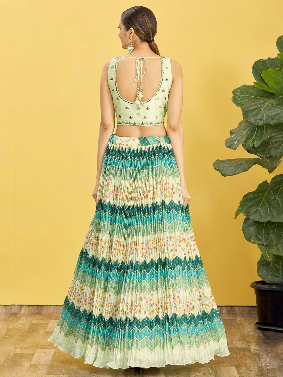 Odette Light Green Chinon Embellished Semi Stitched Lehenga With Unstitched Blouse For Women - Image 4