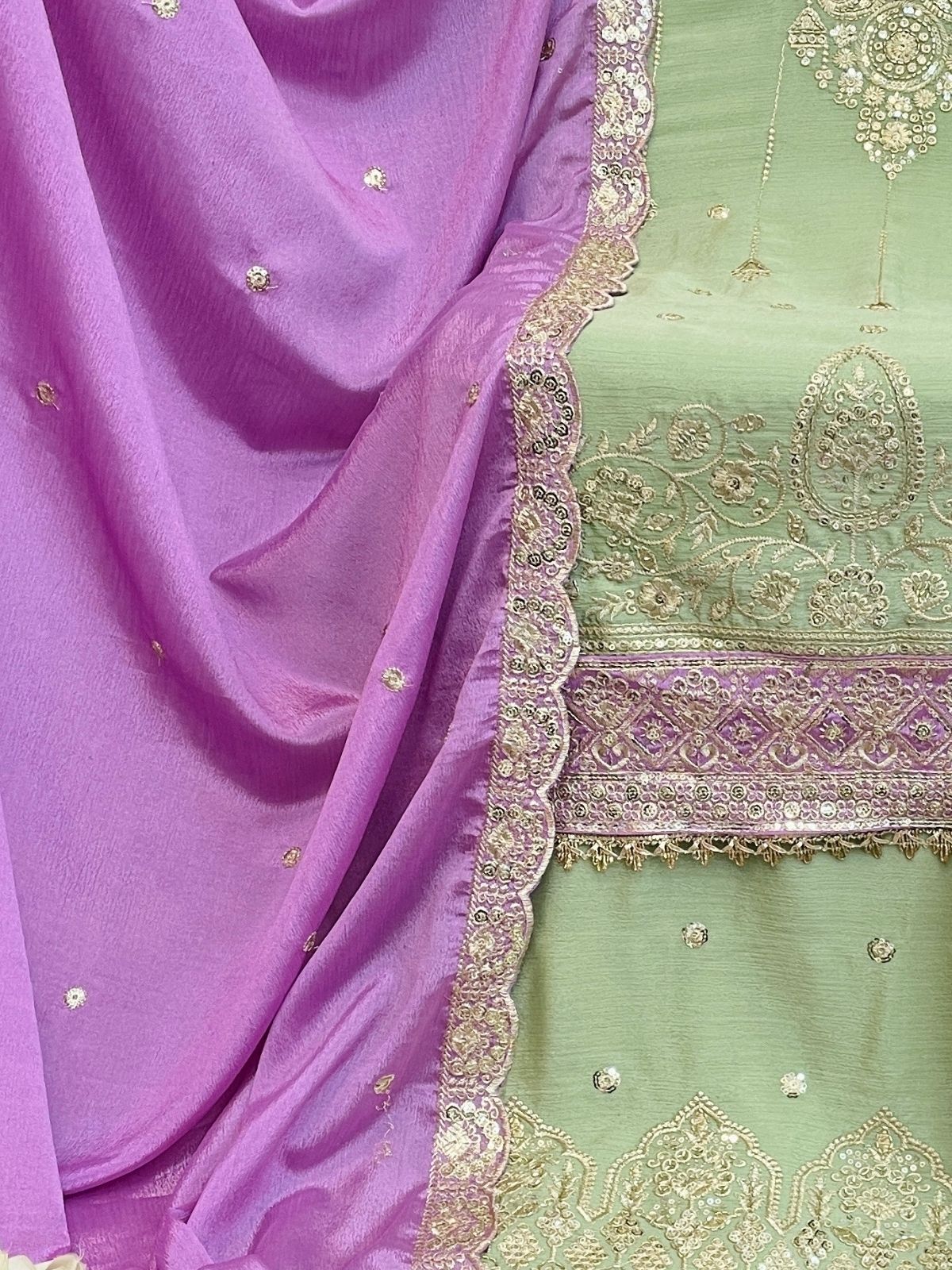 Odette Light Green Chinon Embroidered Semi-Sitched Kurta Set For Women - Image 3