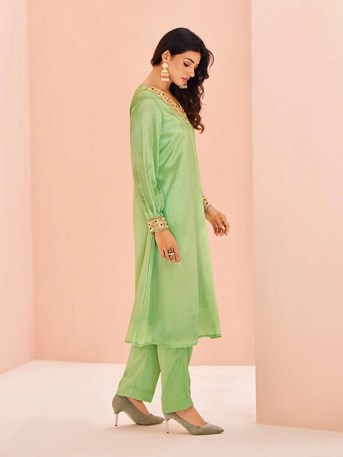 Odette Light Green Chinon Embroidered Stitched Kurta Set For Women - Image 4