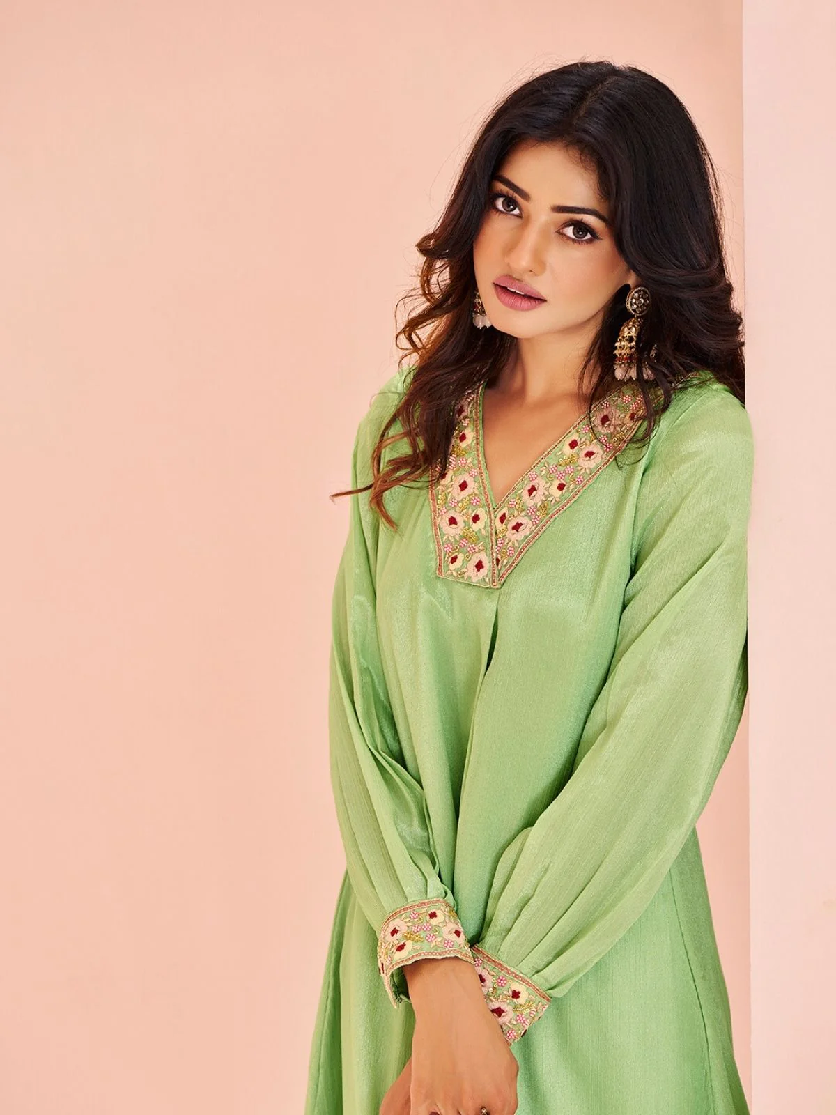 Odette Light Green Chinon Embroidered Stitched Kurta Set For Women - Image 5