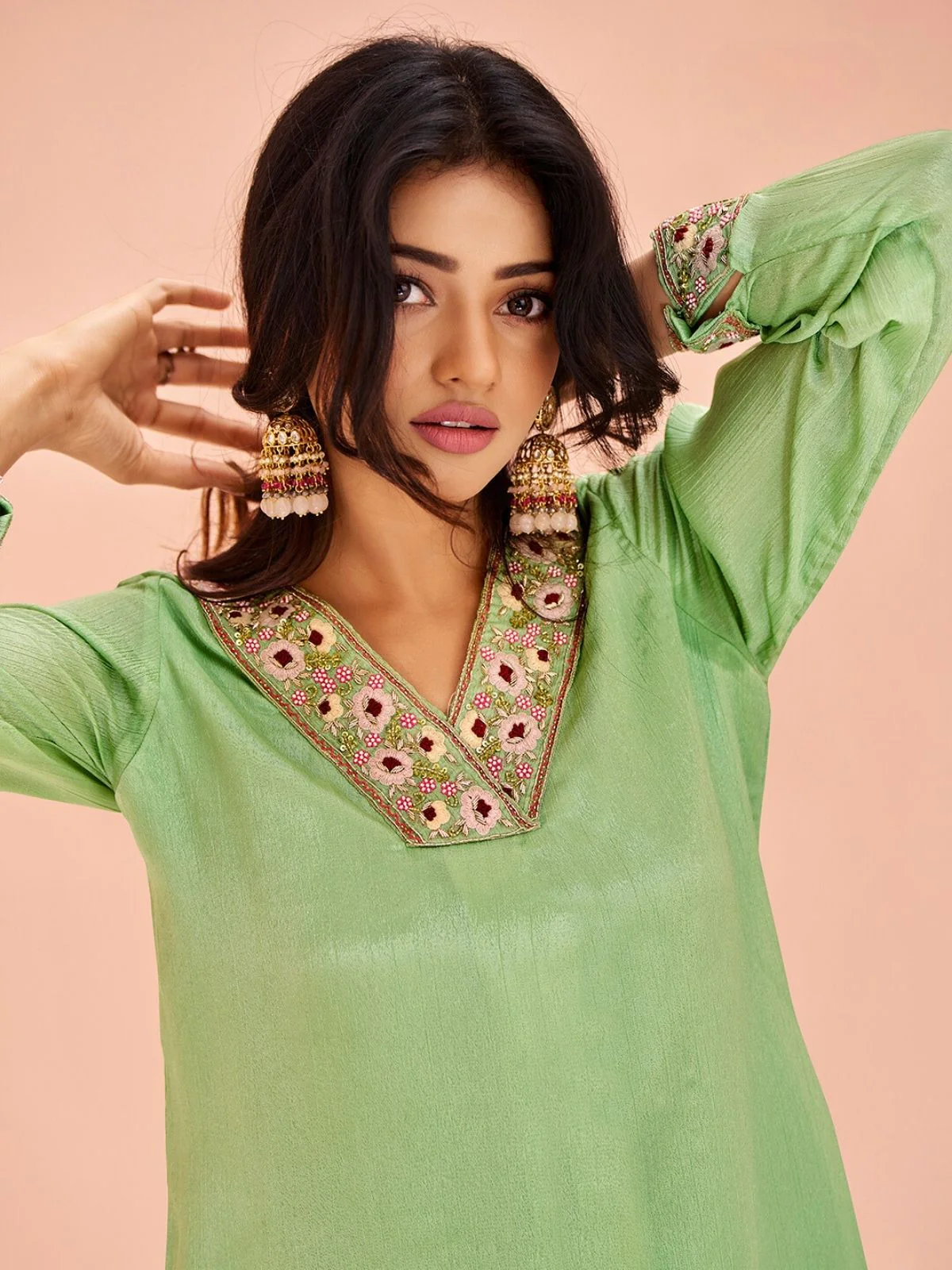 Odette Light Green Chinon Embroidered Stitched Kurta Set For Women - Image 6