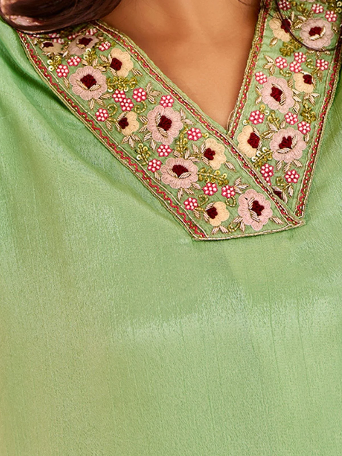 Odette Light Green Chinon Embroidered Stitched Kurta Set For Women - Image 7